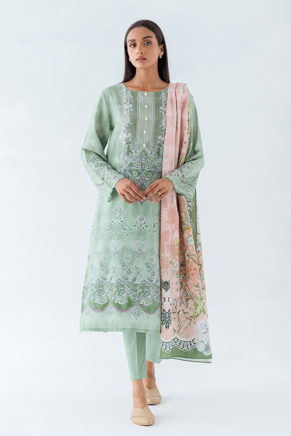 3 Piece - Printed Khaddar Suit - Pristine Mint (Unstitched)