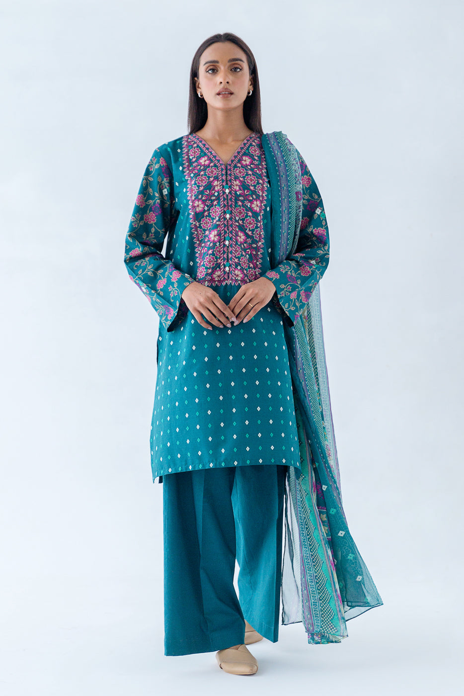 3 Piece - Embroidered Cambric Suit - Teal Aura (Unstitched)