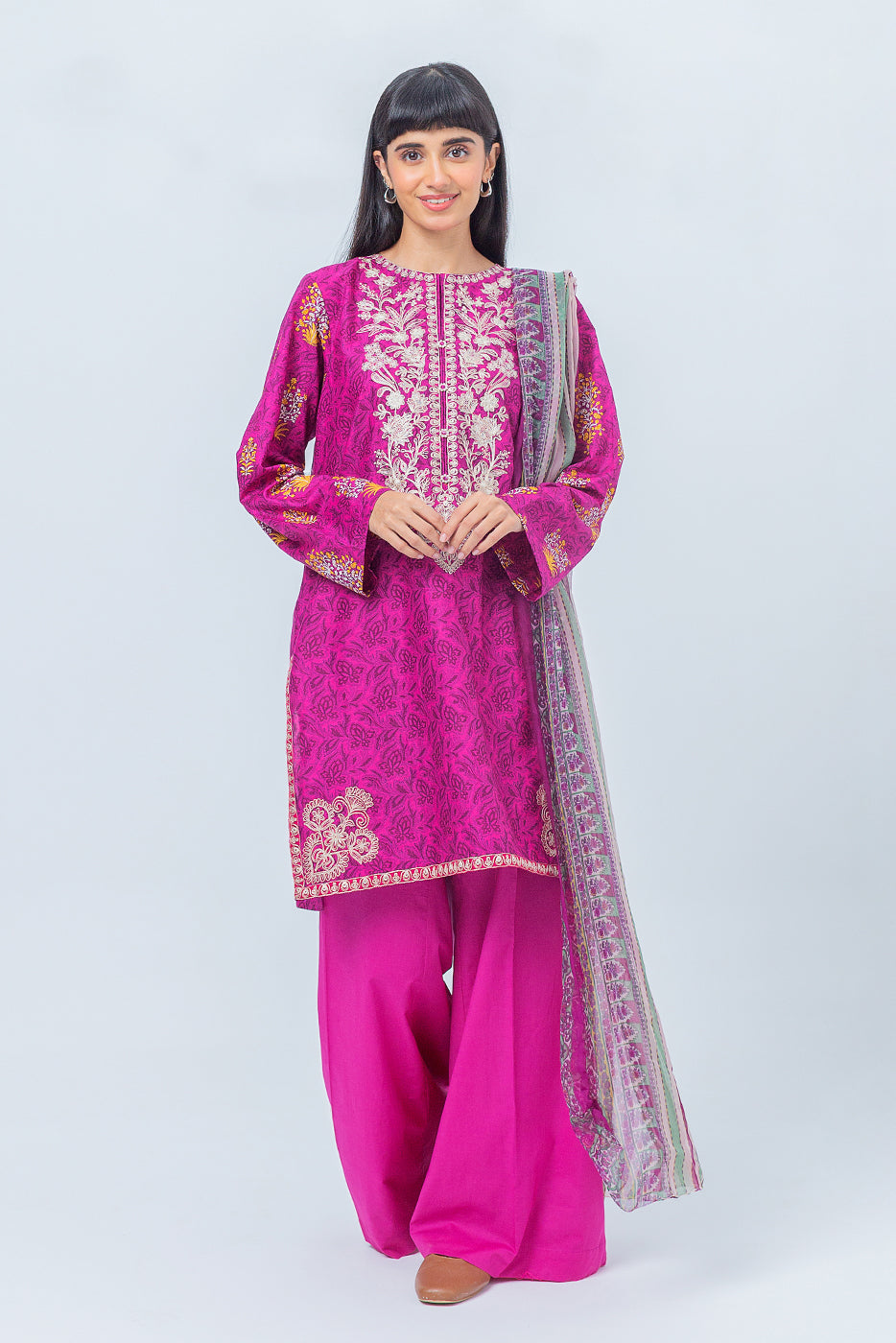 3 Piece - Embroidered Cambric Suit - Fushia Blush (Unstitched)