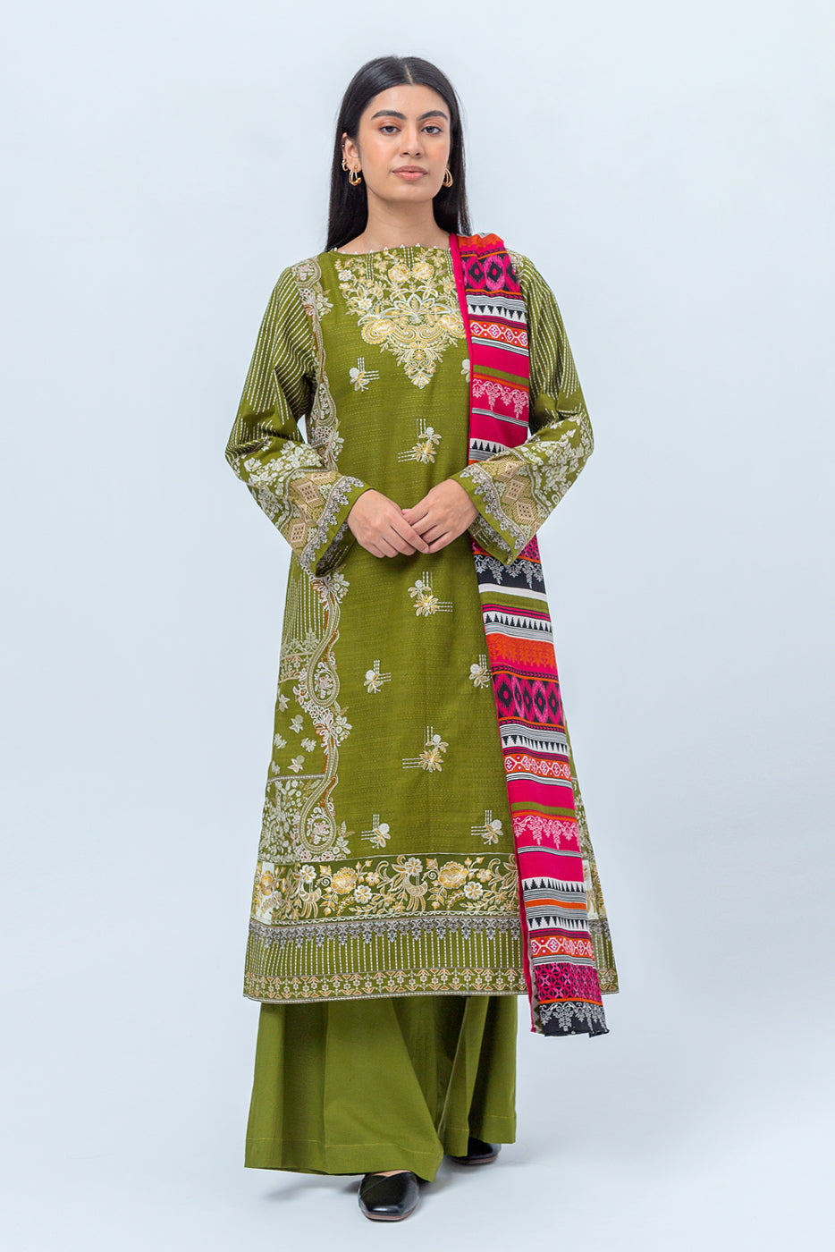 3 Piece - Embroidered Khaddar Suit - Savannah Green (Unstitched)