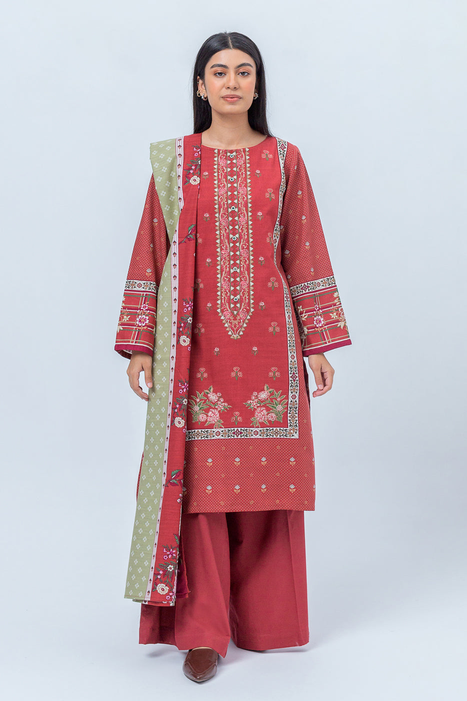 3 Piece - Embroidered Khaddar Suit - Raspberry Blush (Unstitched)