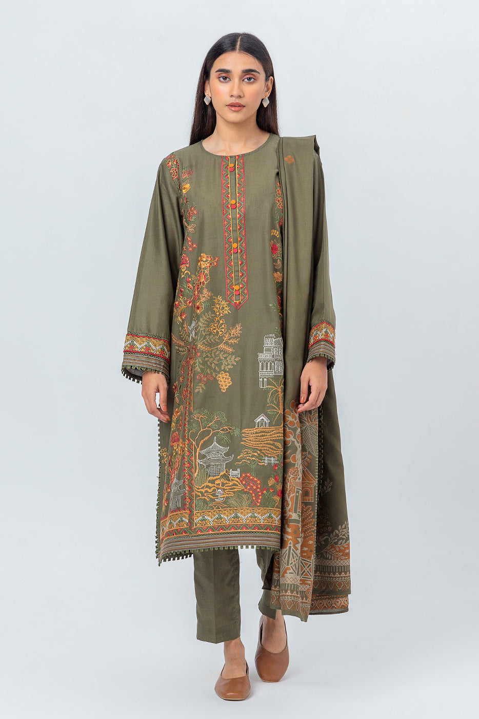3 Piece - Embroidered Cambric Suit With Woven Shawl - Cedar Green (Unstitched)
