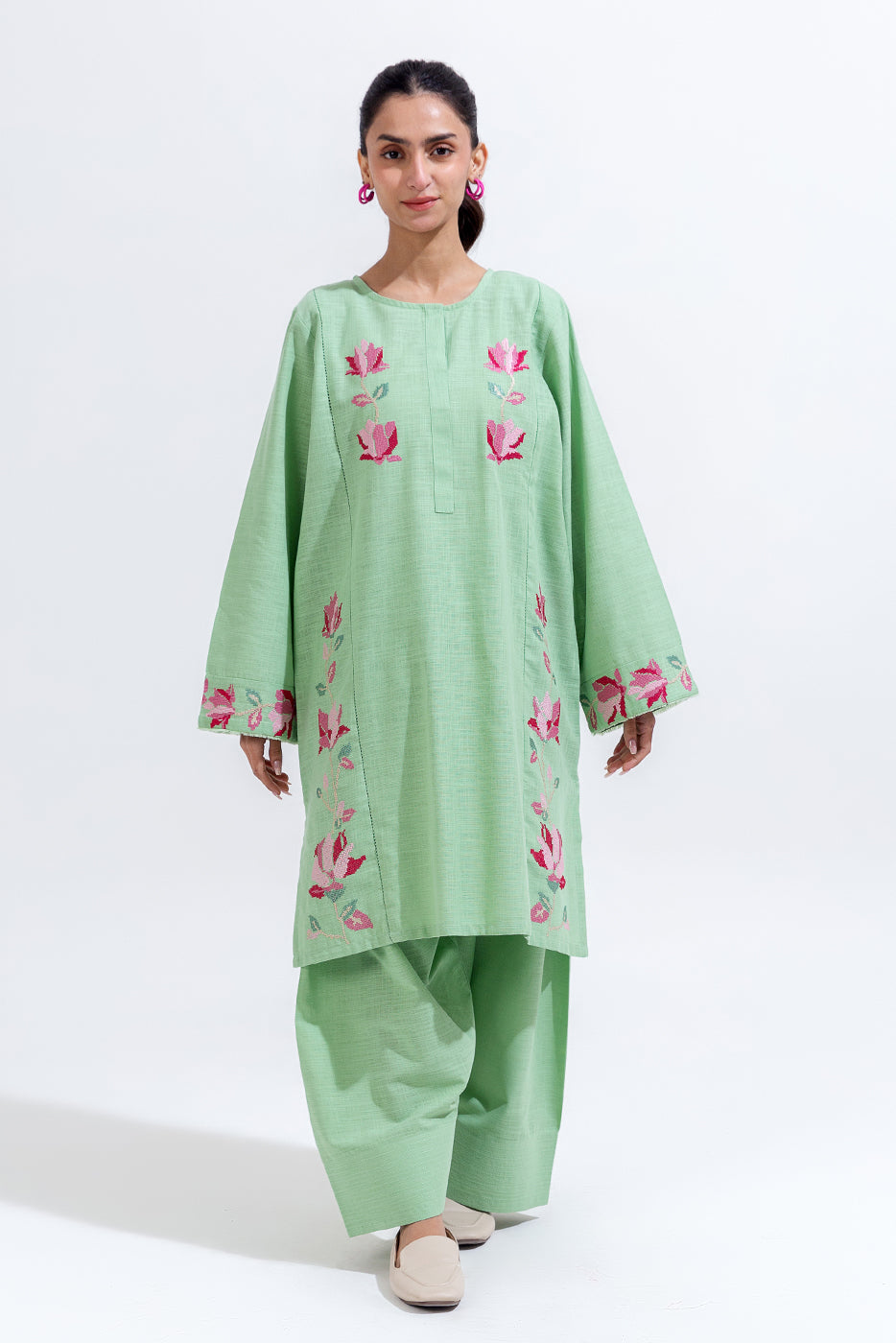 2 Piece Embroidered Two Way Slub Suit (Pret)
