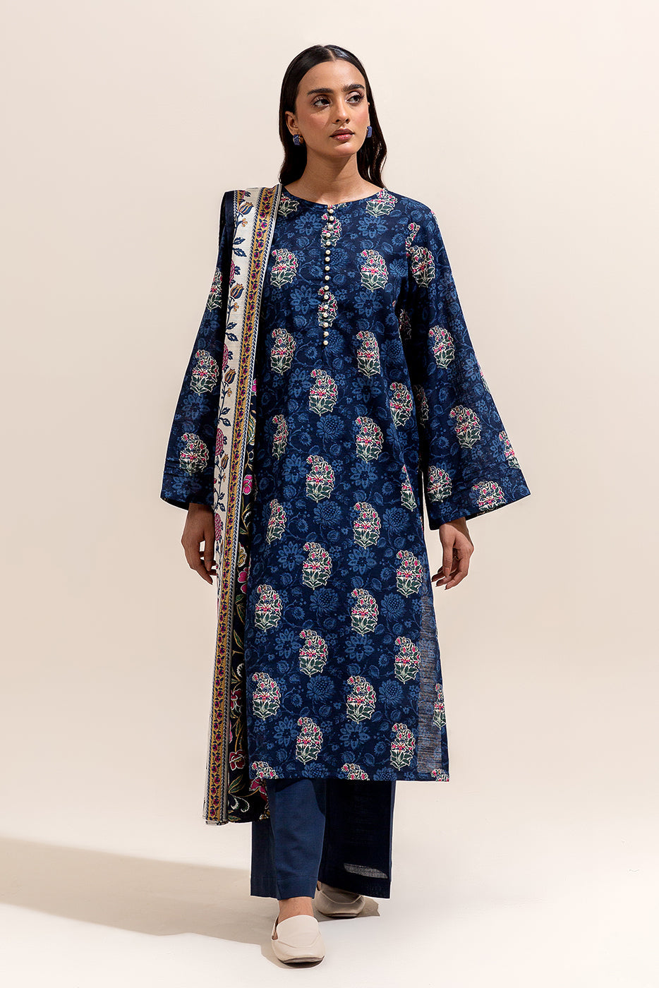 2 Piece Printed Khaddar Suit-Navy Tint (Unstitched)