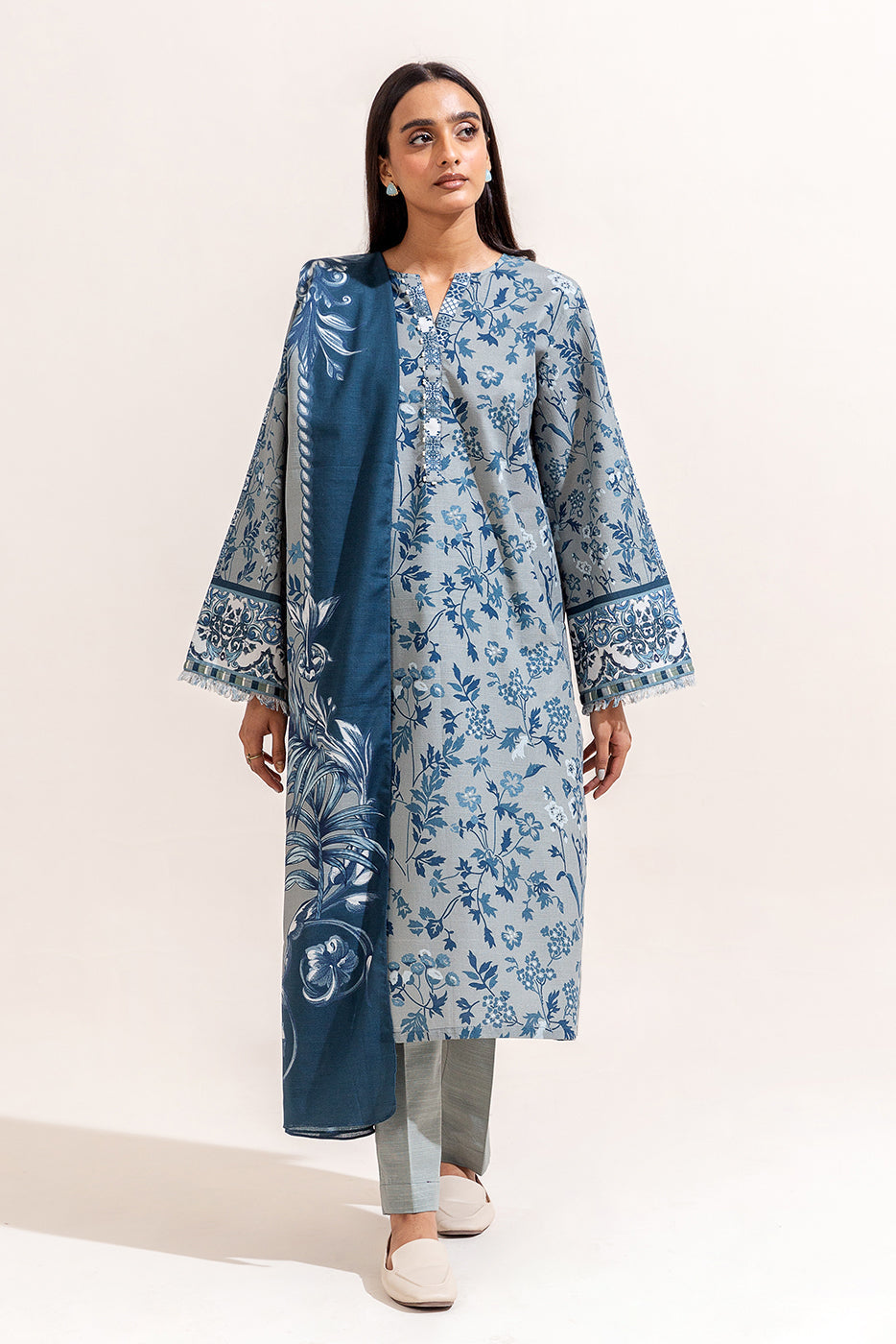 3 Piece Printed Khaddar Suit-Cerulean Ash (Unstitched)