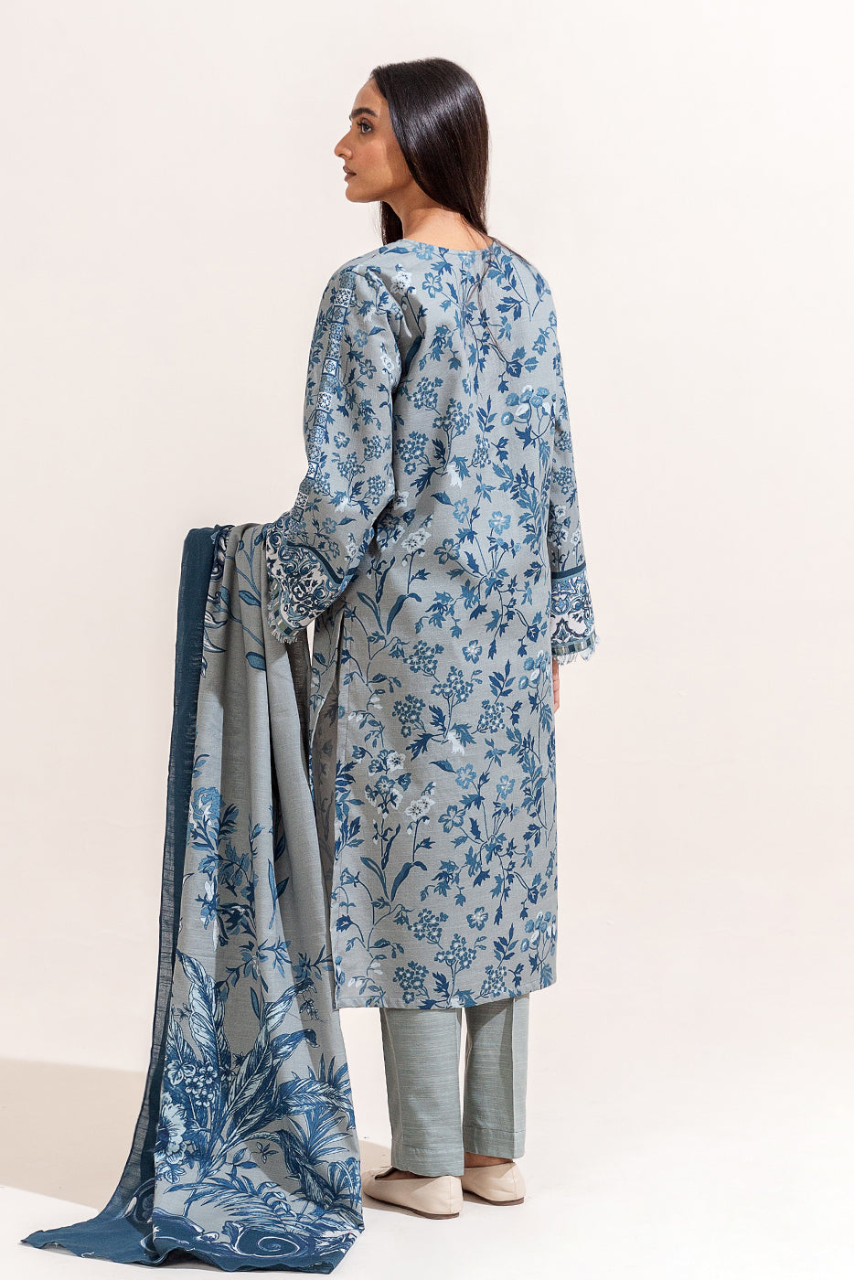 3 Piece Printed Khaddar Suit-Cerulean Ash (Unstitched)