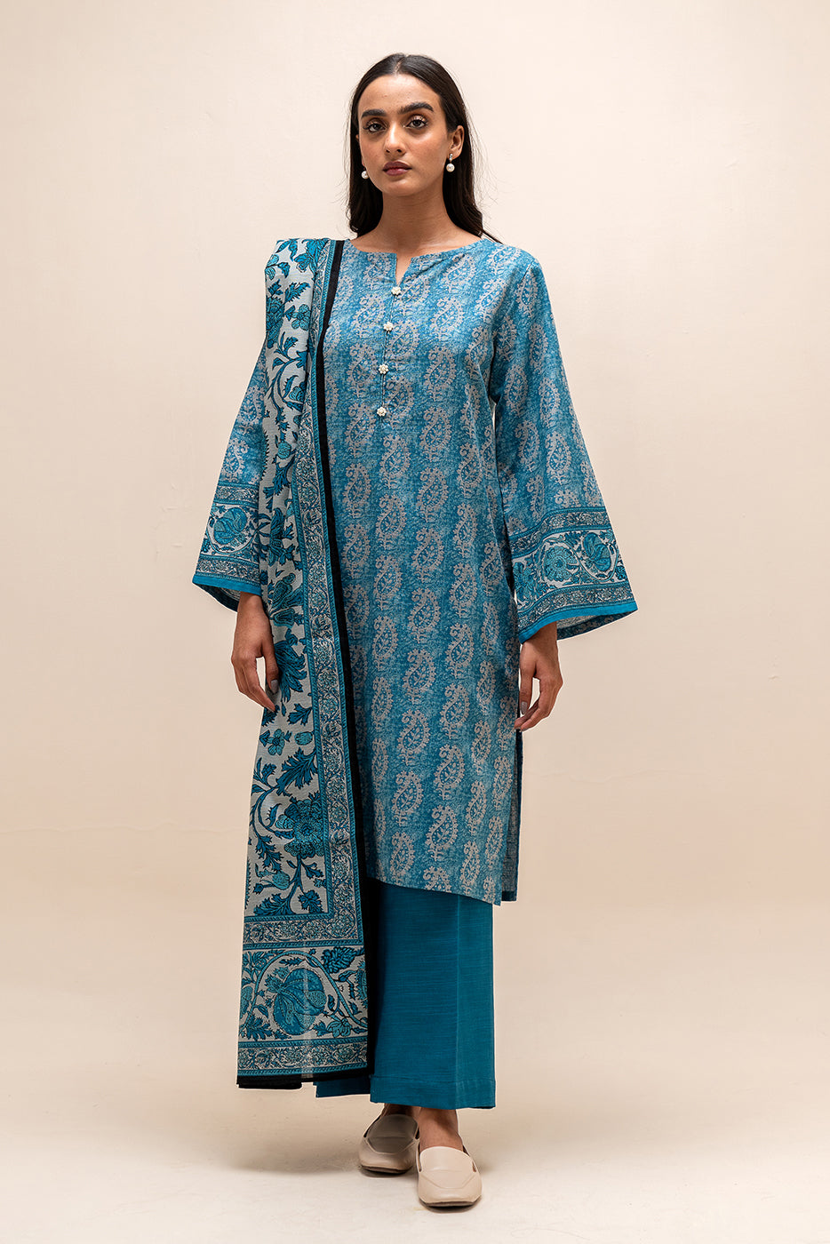 3 Piece Printed Khaddar Suit-Paisley Dust (Unstitched)