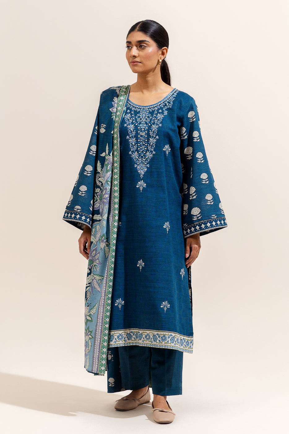 3 Piece Embroidered Khaddar Suit-Celestial Navy (Unstitched)