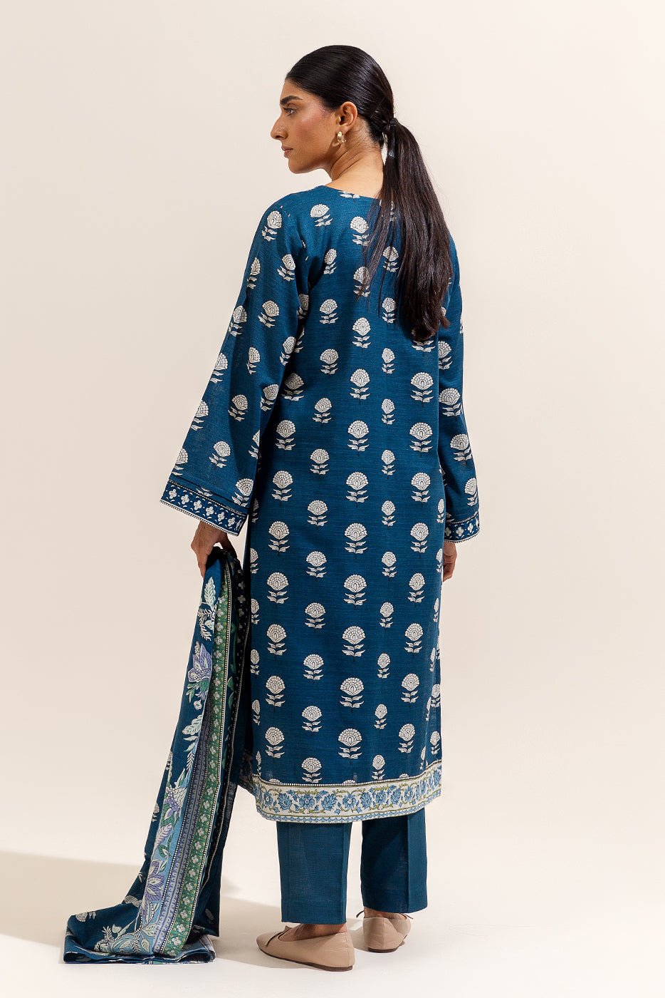 3 Piece Embroidered Khaddar Suit-Celestial Navy (Unstitched)