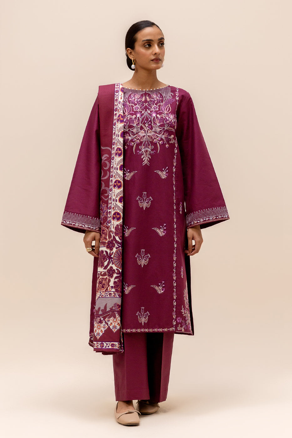 3 Piece Embroidered Satin Suit-Sangria Shade (Unstitched)