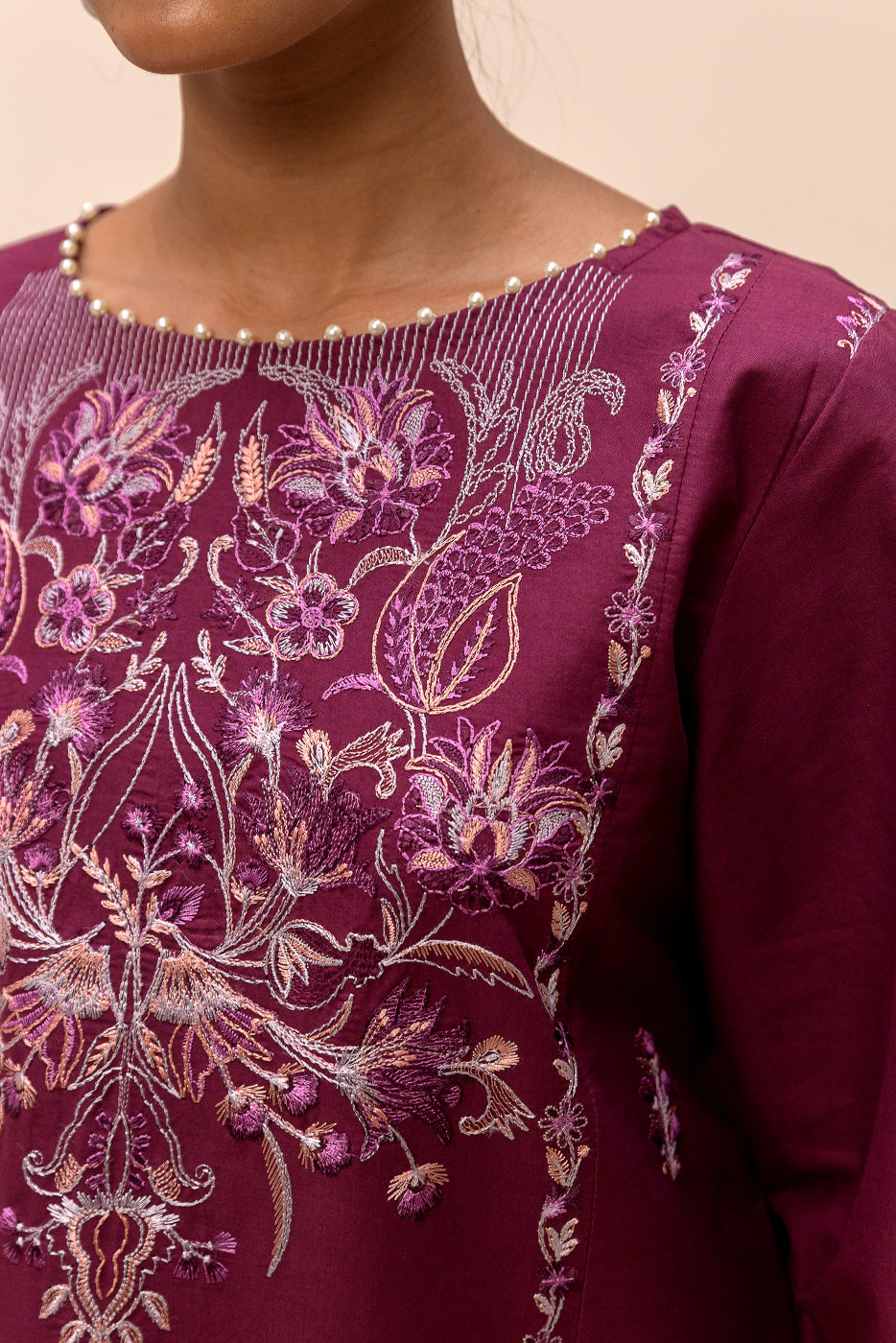 3 Piece Embroidered Satin Suit-Sangria Shade (Unstitched)
