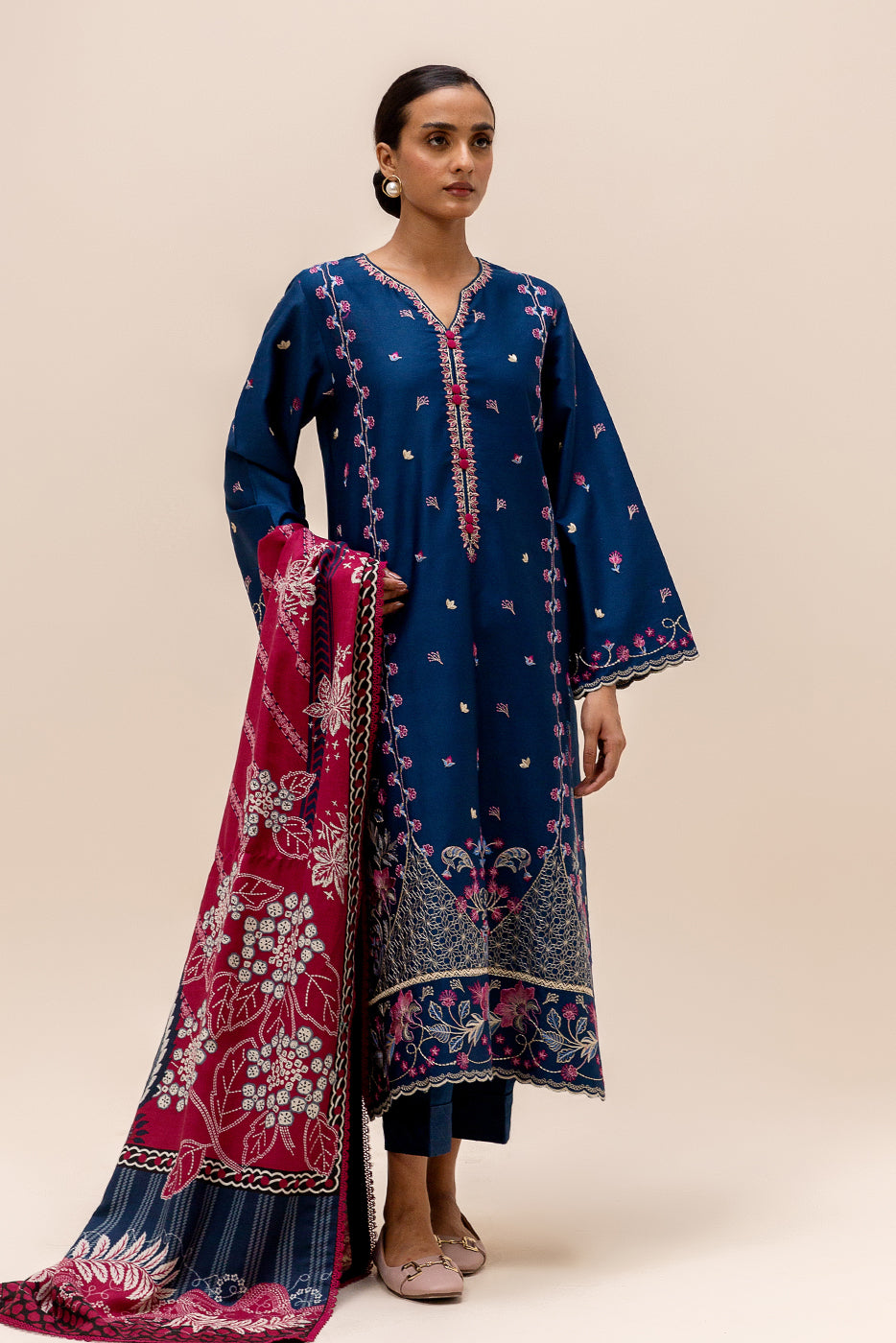 3 Piece Embroidered Satin Suit-Aegean Bloom (Unstitched)