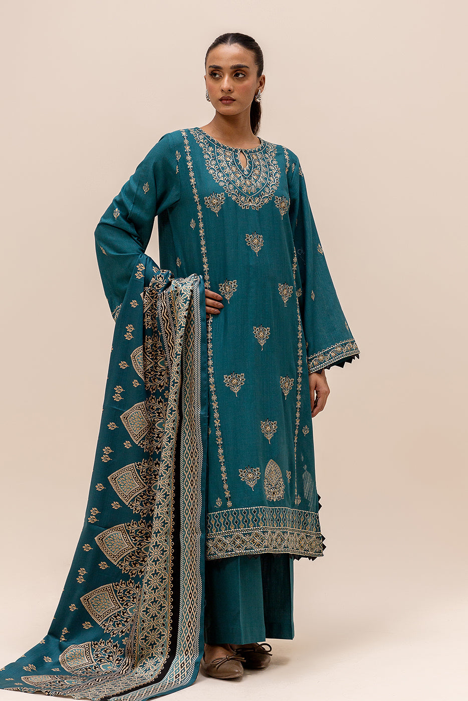 3 Piece Embroidered Khaddar Suit-Teal Sky (Unstitched)