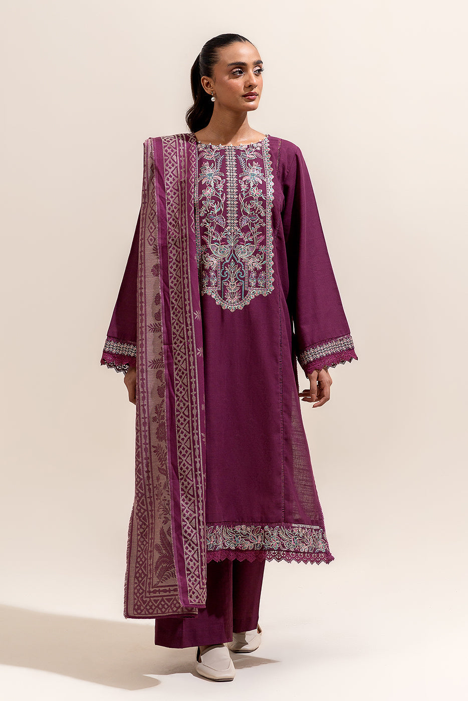 2 Piece Embroidered Khaddar Suit-Sangria Musk (Unstitched)