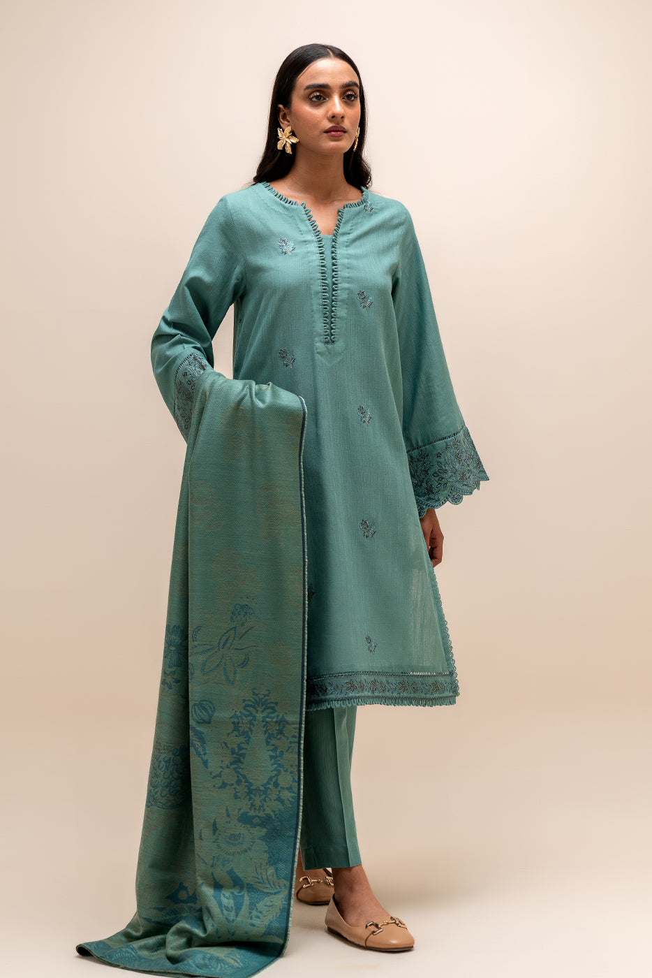 3 Piece Embroidered Khaddar Suit-Stone Grey (Unstitched)