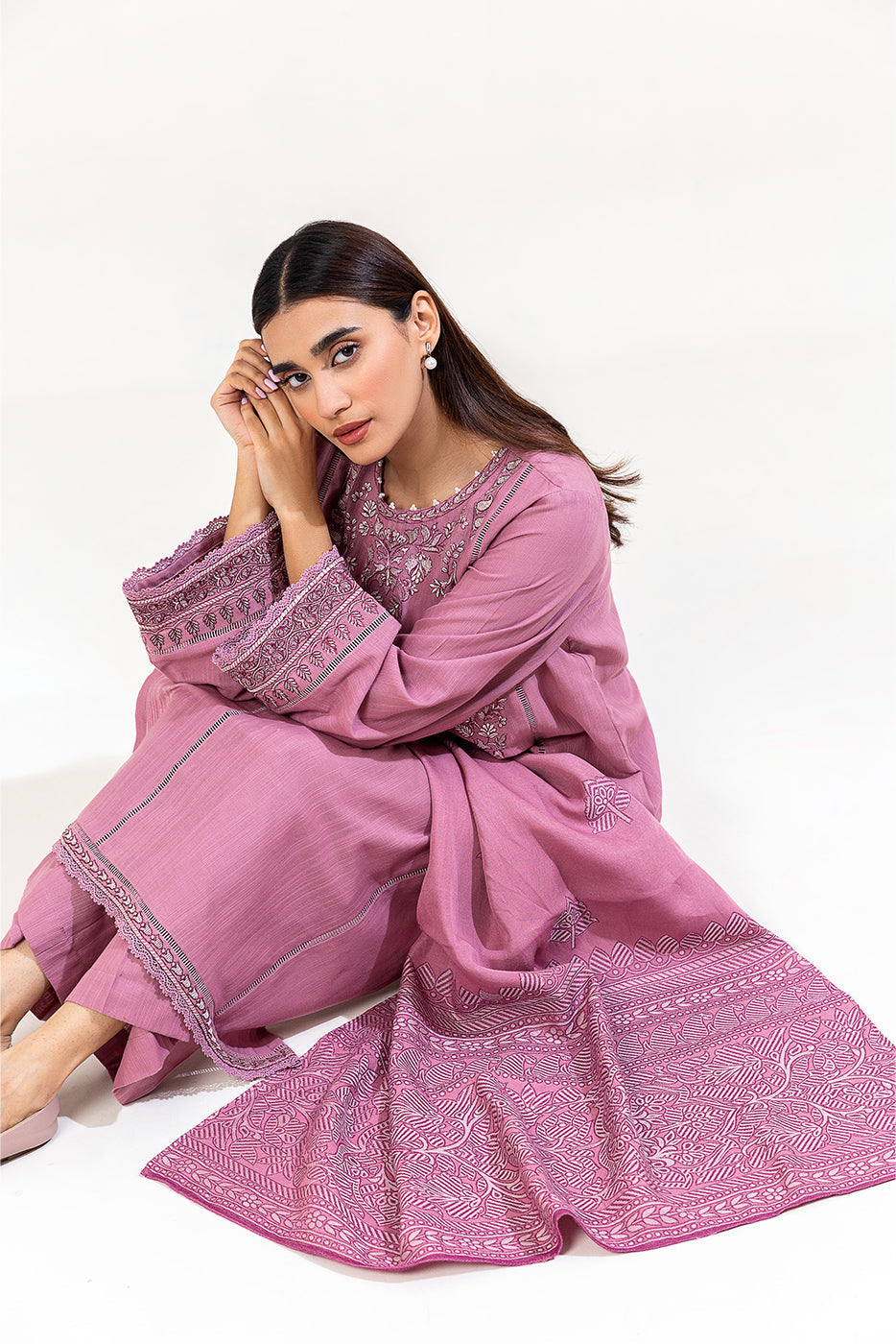 3 Piece Embroidered Khaddar Suit-Dusky Purple (Unstitched)