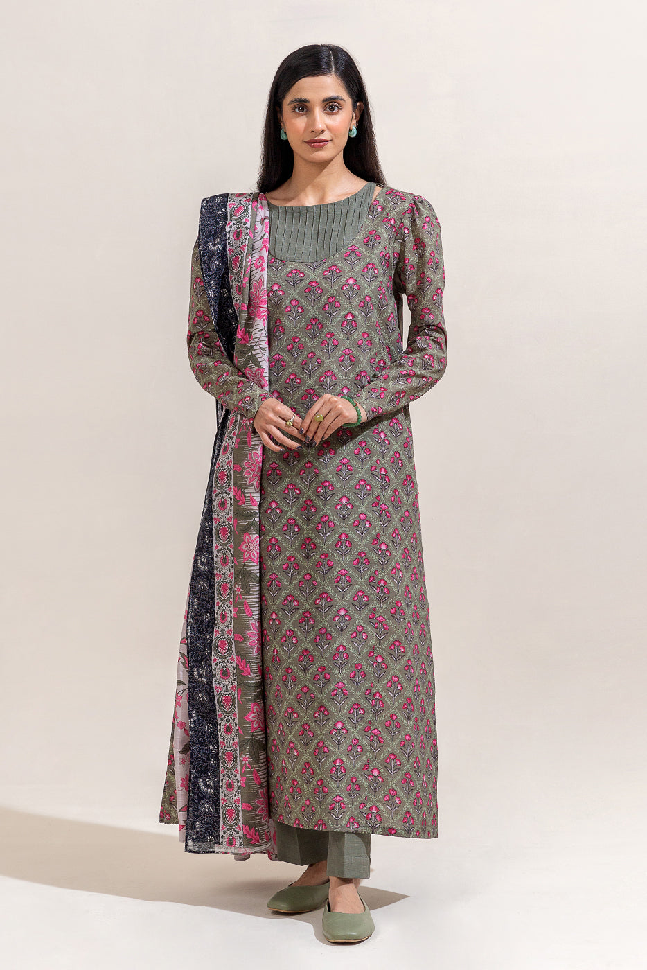 3 Piece Printed Khaddar Suit-Sage Bloom (Unstitched)