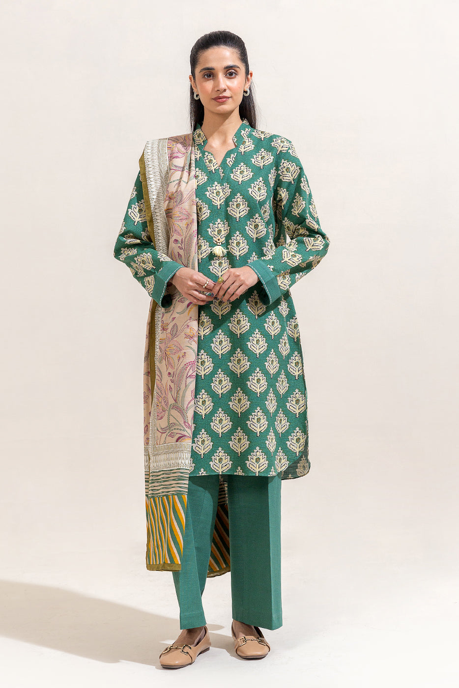 3 Piece Printed Khaddar Suit-Teal Serenity (Unstitched)
