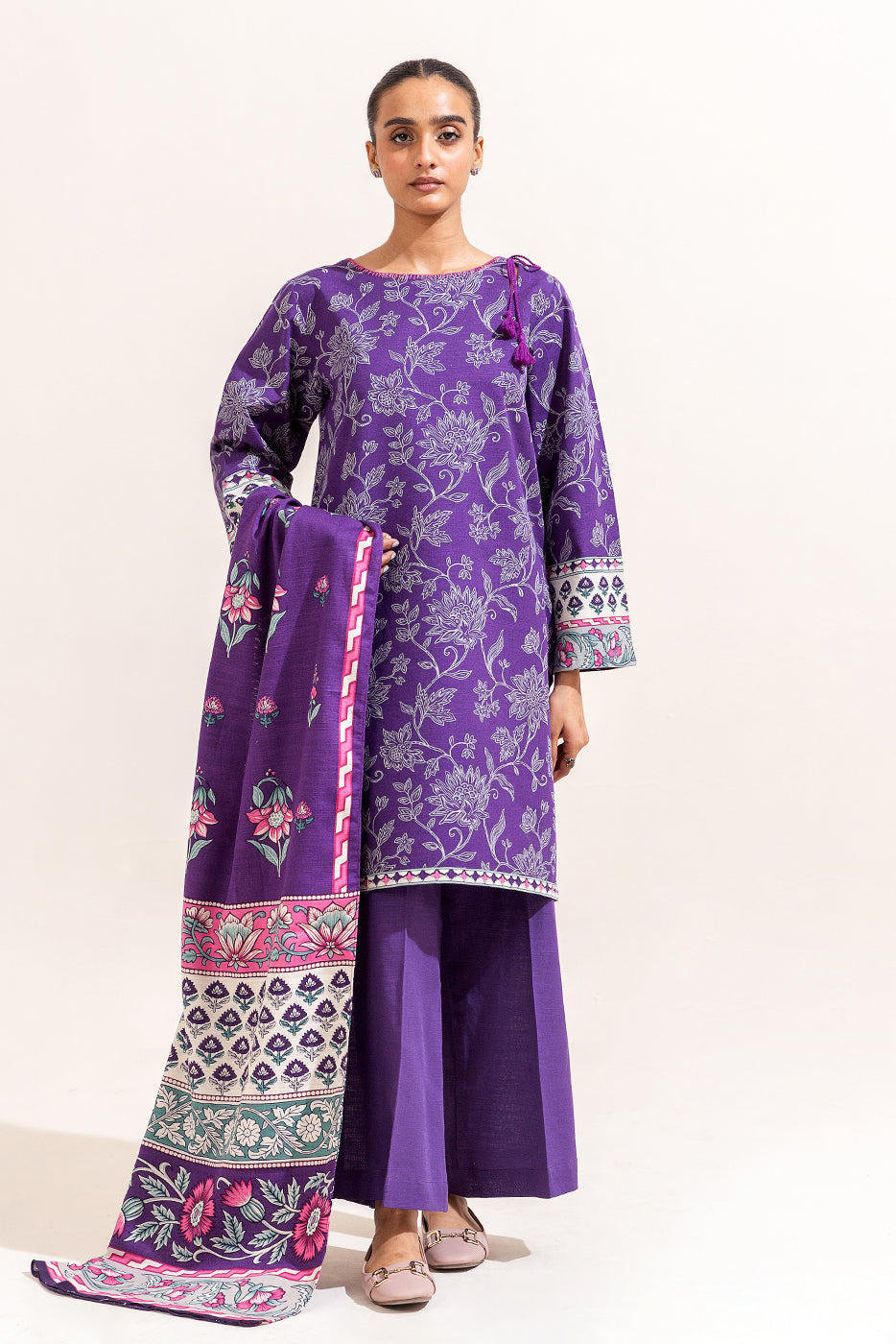 2 Piece Printed Khaddar Suit-Indigo Fern (Unstitched)