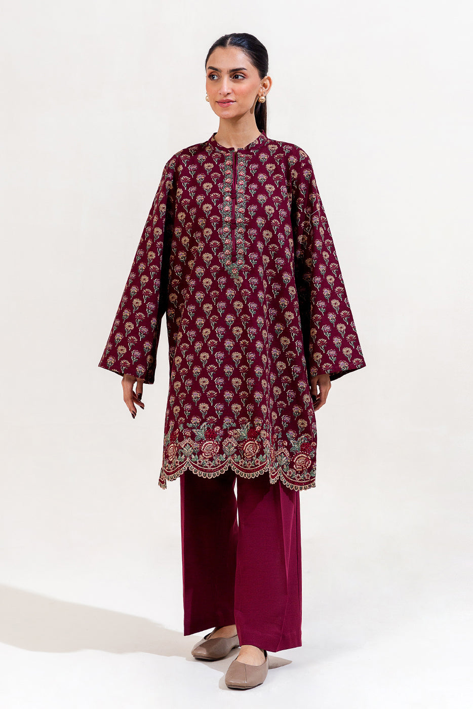 2 Piece Embroidered Khaddar Suit-Maroon Bloom (Unstitched)