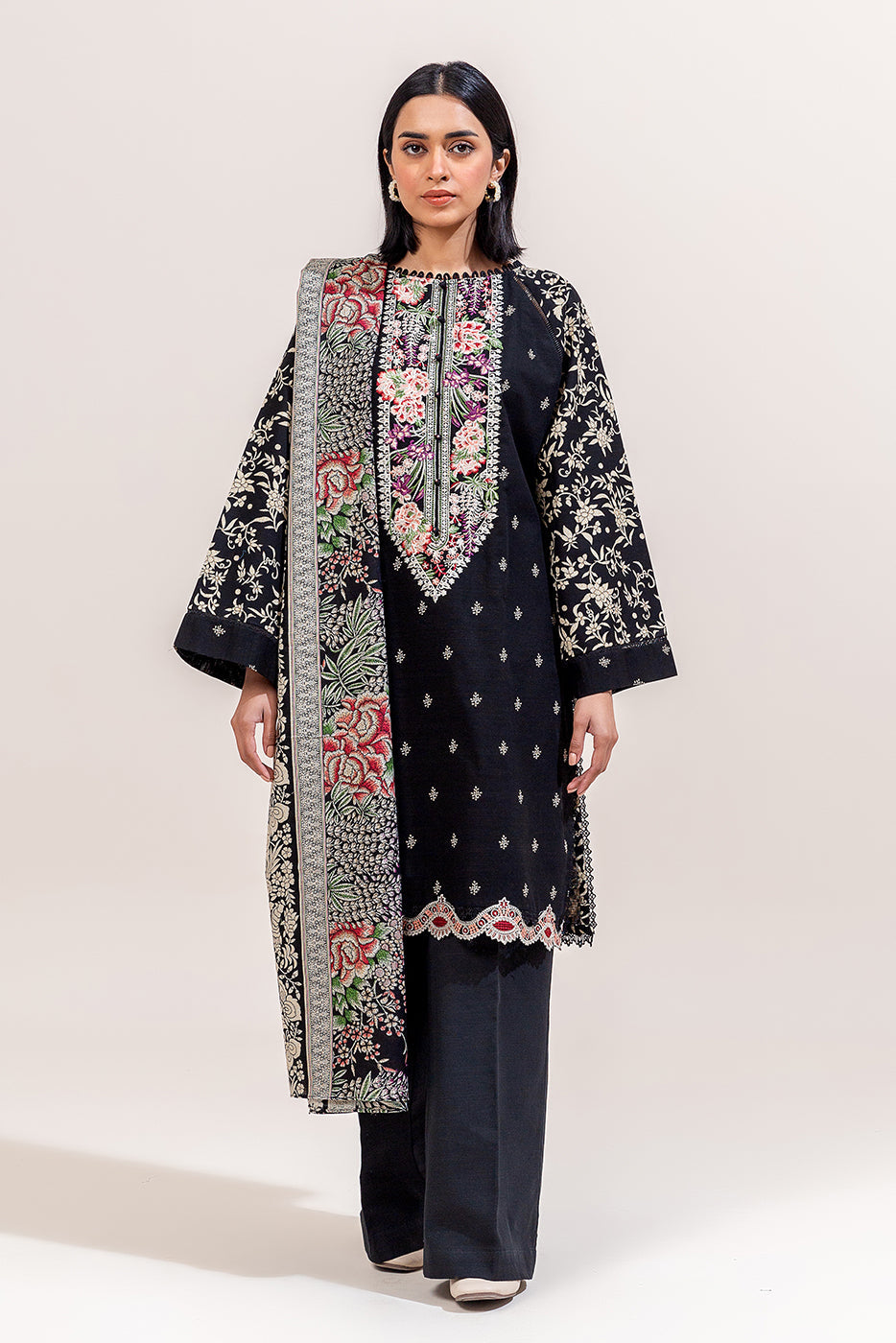 3 Piece Embroidered Khaddar Suit-Azure Gardenia (Unstitched)