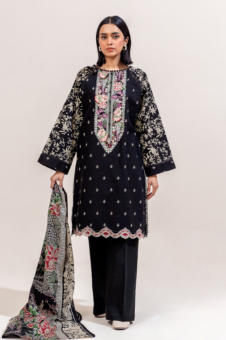 3 Piece Embroidered Khaddar Suit-Azure Gardenia (Unstitched)
