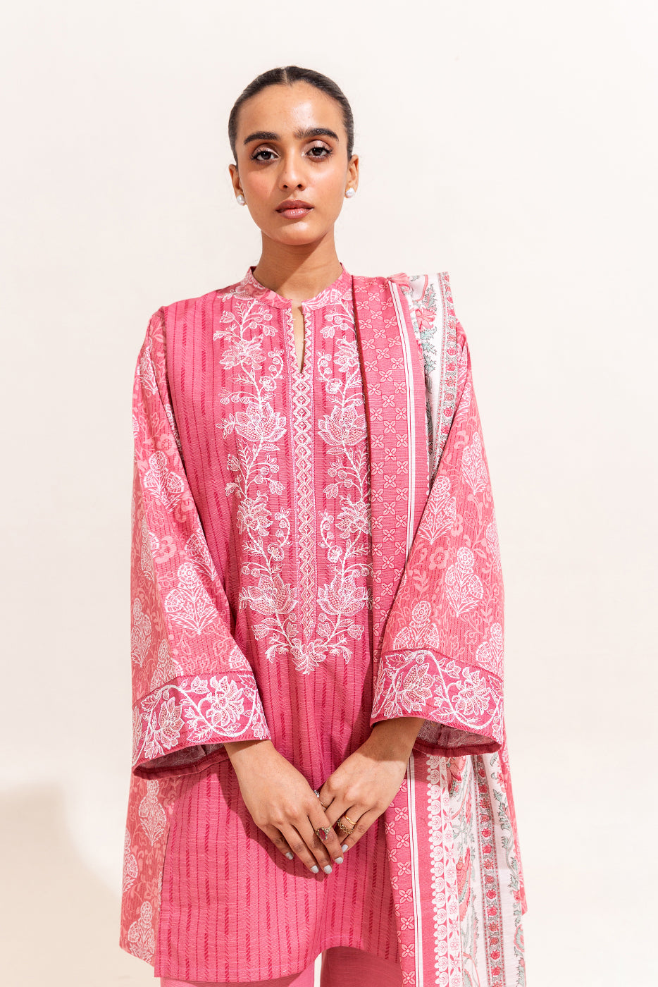 3 Piece Embroidered Khaddar Suit-Fuschia Grid (Unstitched)