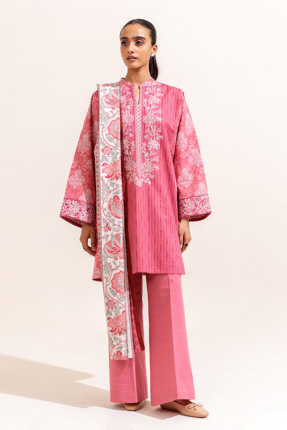 3 Piece Embroidered Khaddar Suit-Fuschia Grid (Unstitched)