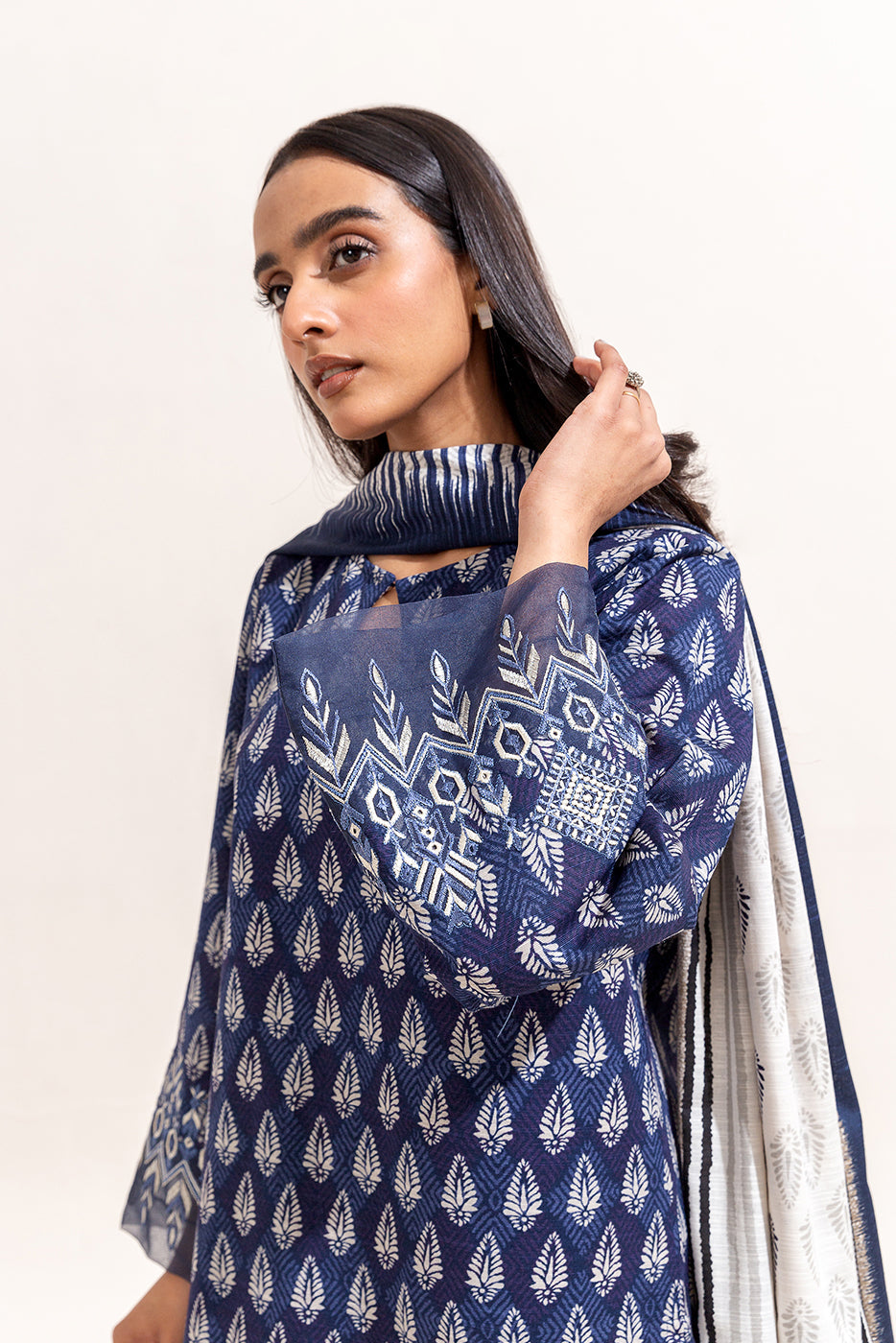 3 Piece Embroidered Khaddar Suit-Ikat Blue (Unstitched)