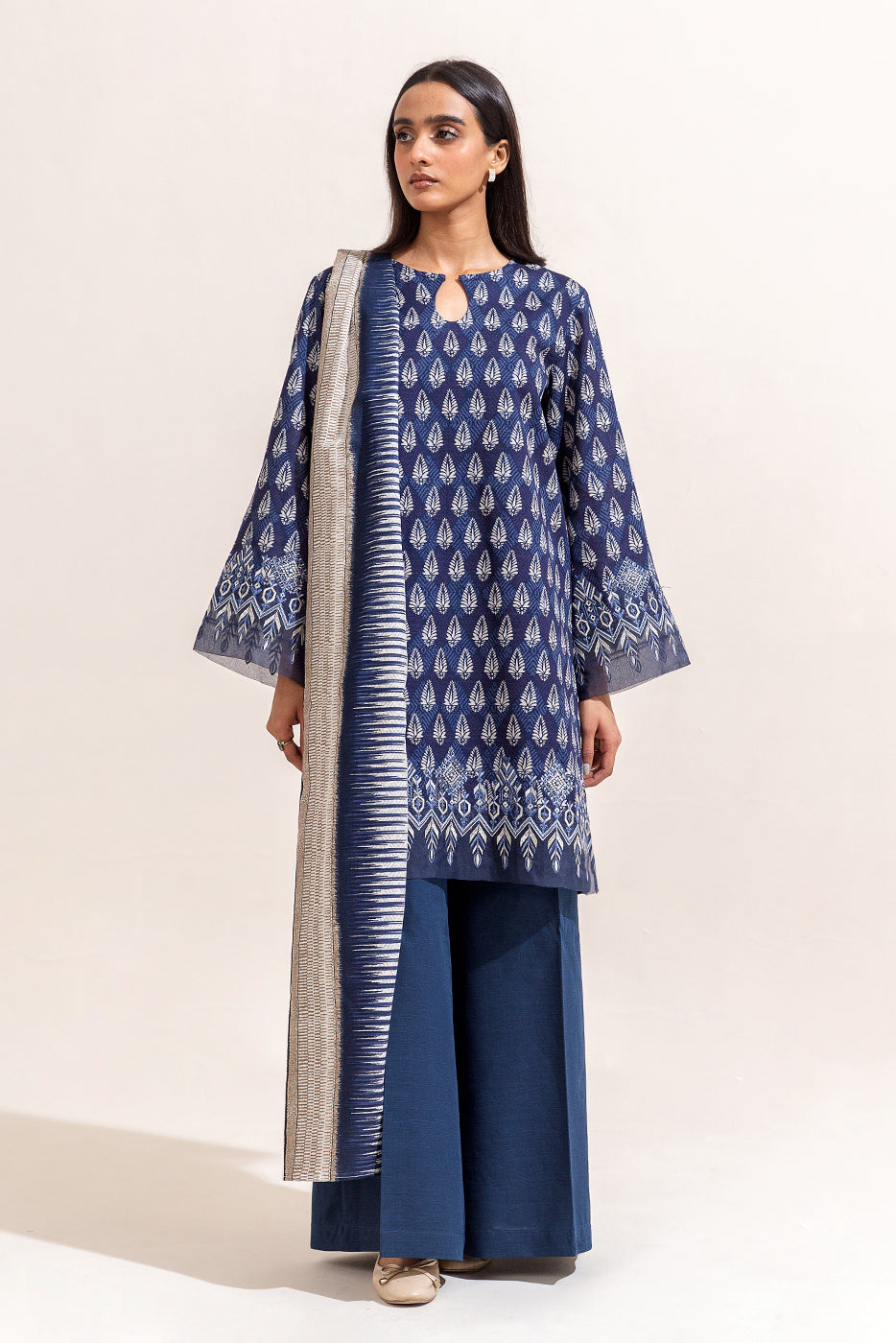 3 Piece Embroidered Khaddar Suit-Ikat Blue (Unstitched)