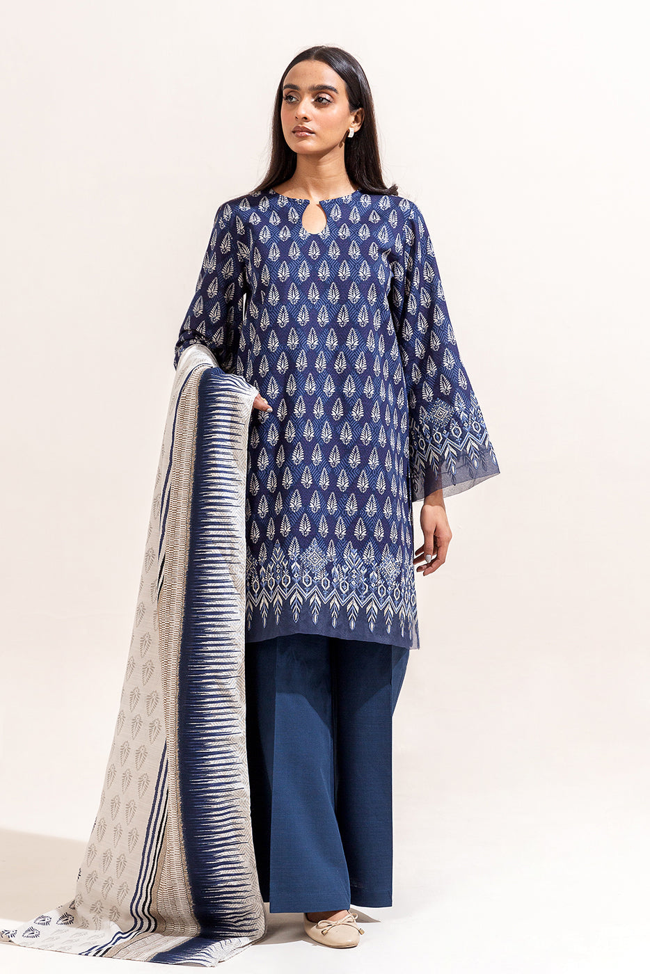 3 Piece Embroidered Khaddar Suit-Ikat Blue (Unstitched)