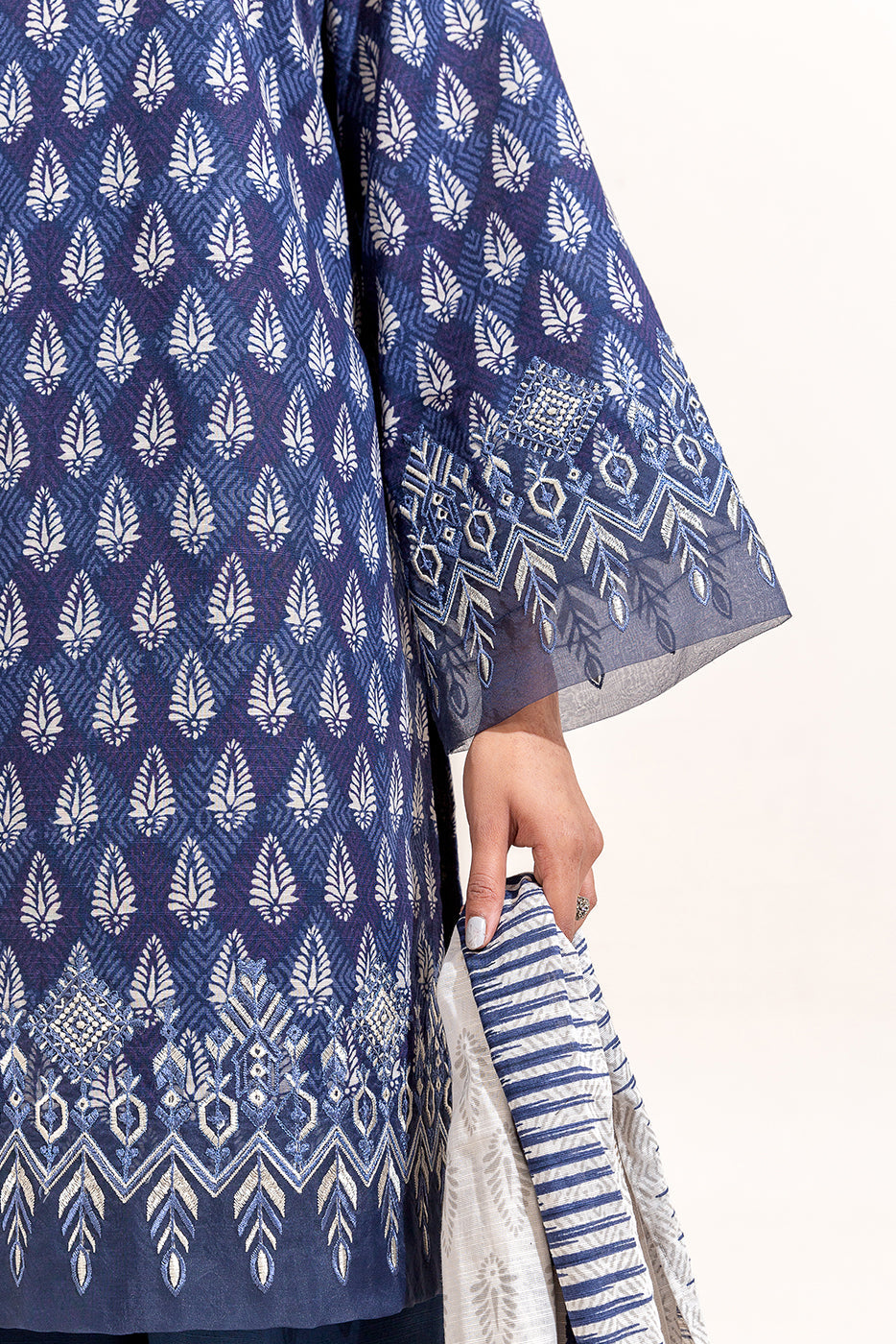 3 Piece Embroidered Khaddar Suit-Ikat Blue (Unstitched)