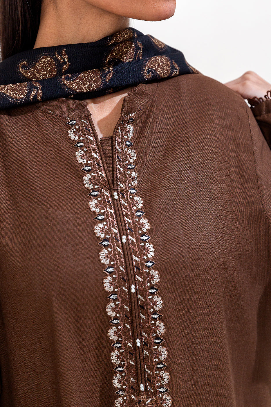 3 Piece Embroidered Khaddar Suit-Mocha Tribe (Unstitched)