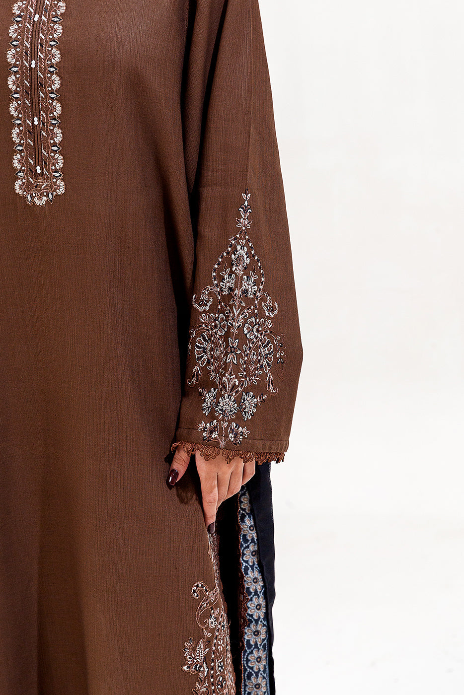 3 Piece Embroidered Khaddar Suit-Mocha Tribe (Unstitched)