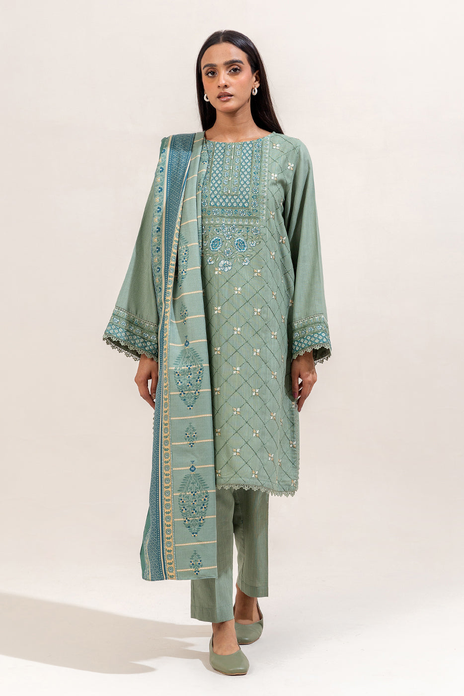 3 Piece Embroidered Khaddar Suit-Sage Hint (Unstitched)