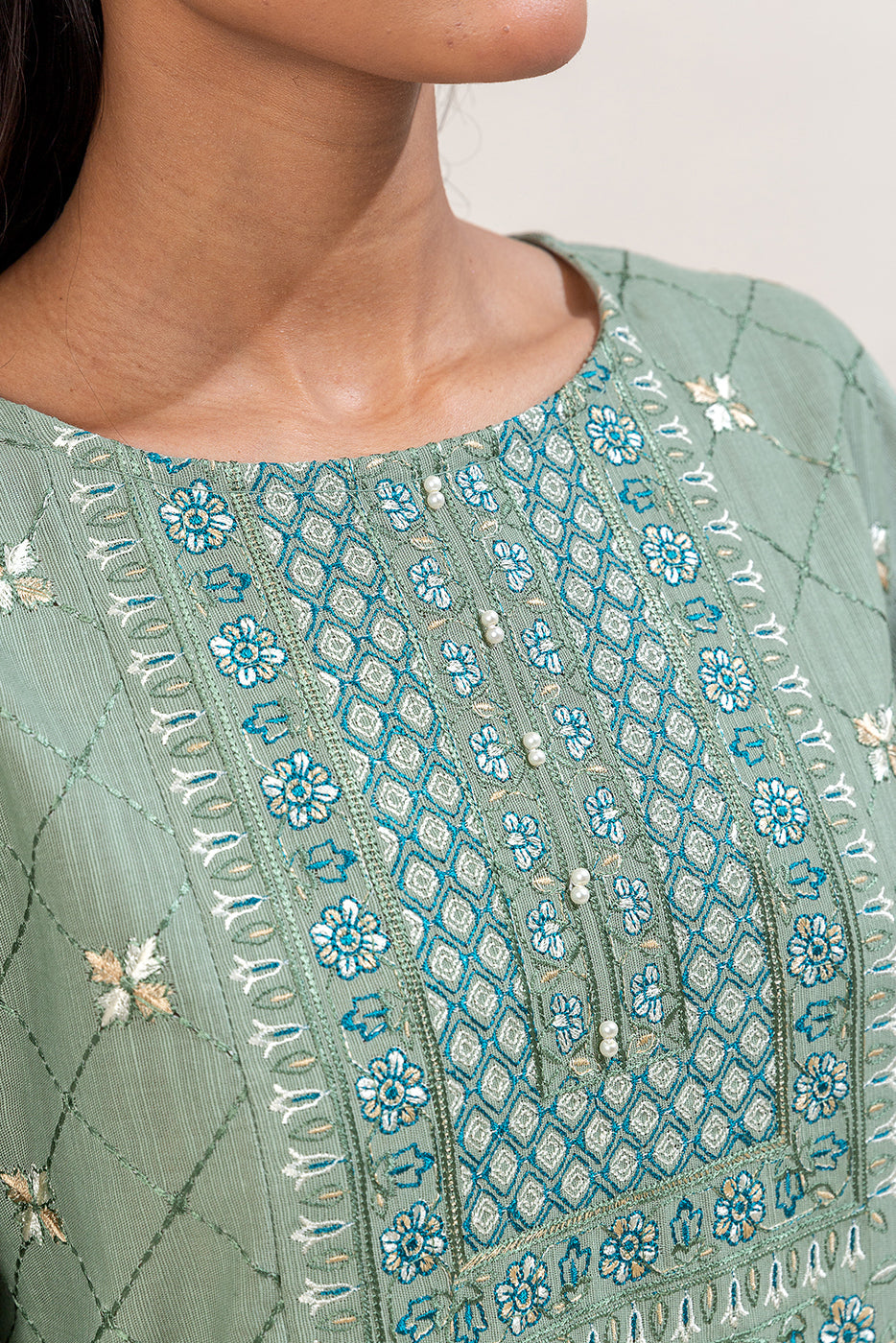 3 Piece Embroidered Khaddar Suit-Sage Hint (Unstitched)