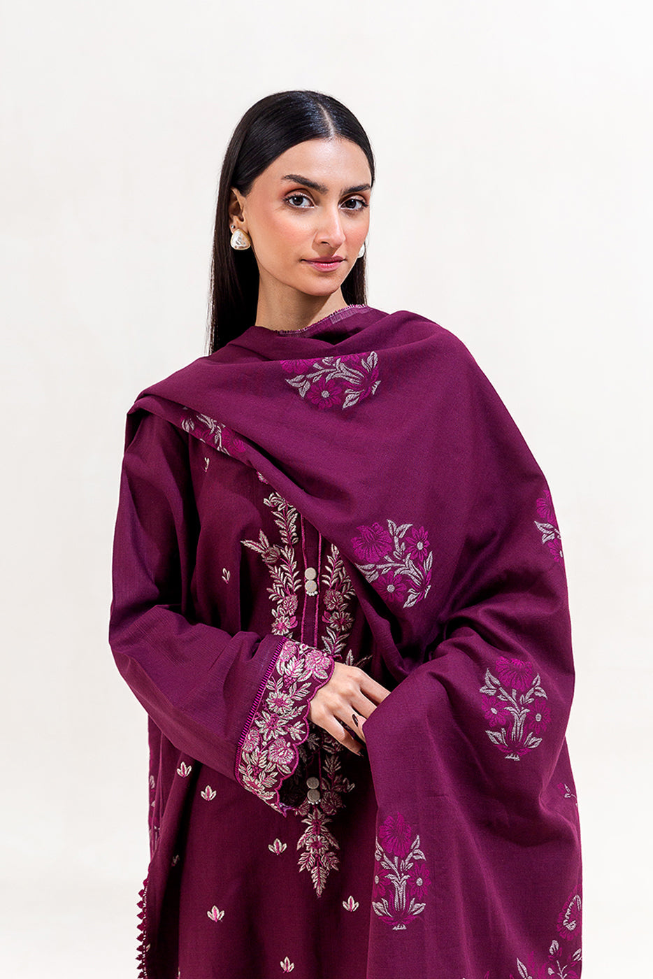 3 Piece Embroidered Khaddar Suit-Berry Muse (Unstitched)