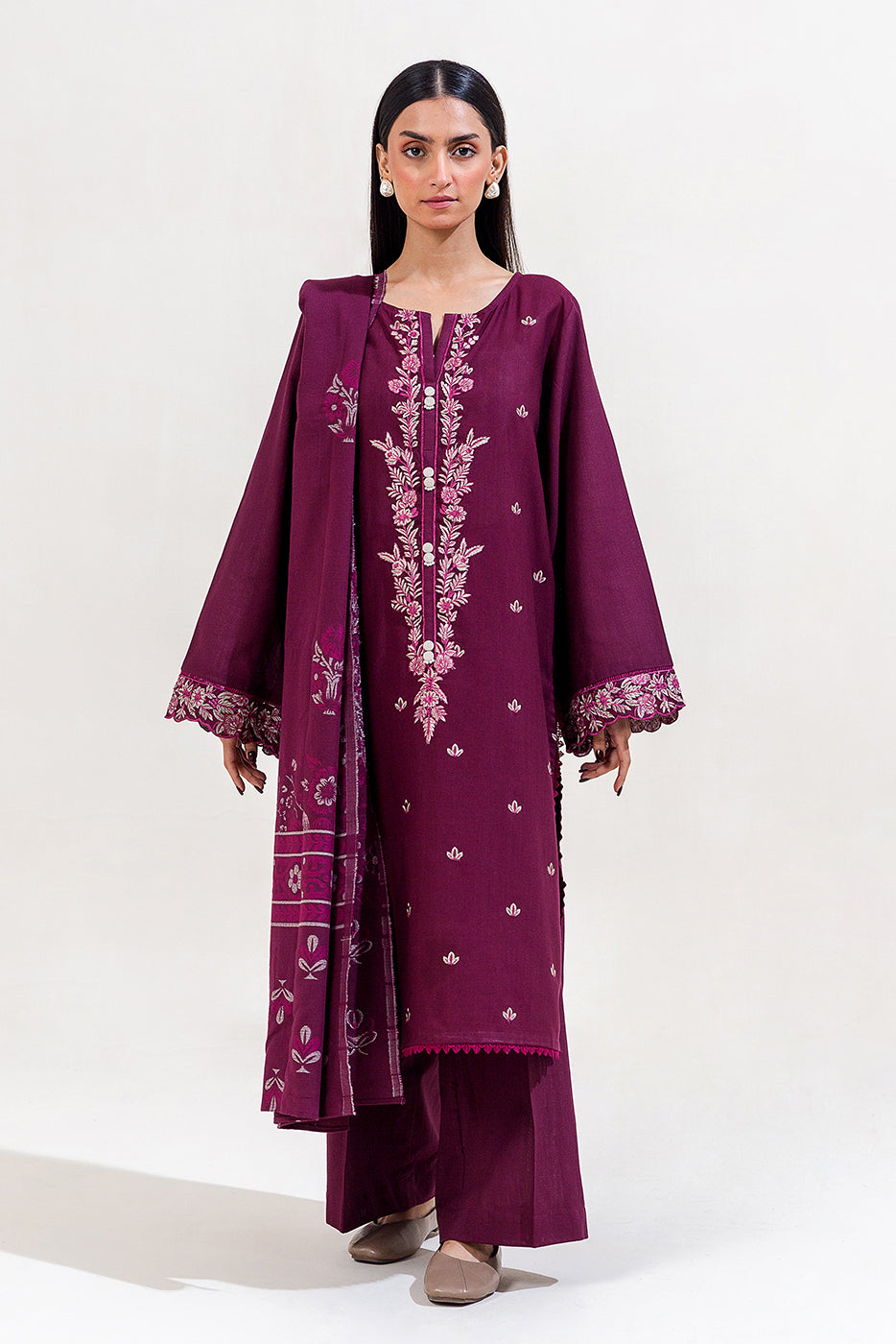 3 Piece Embroidered Khaddar Suit-Berry Muse (Unstitched)