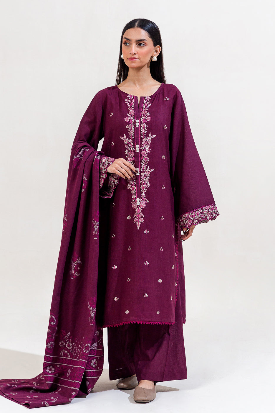 3 Piece Embroidered Khaddar Suit-Berry Muse (Unstitched)
