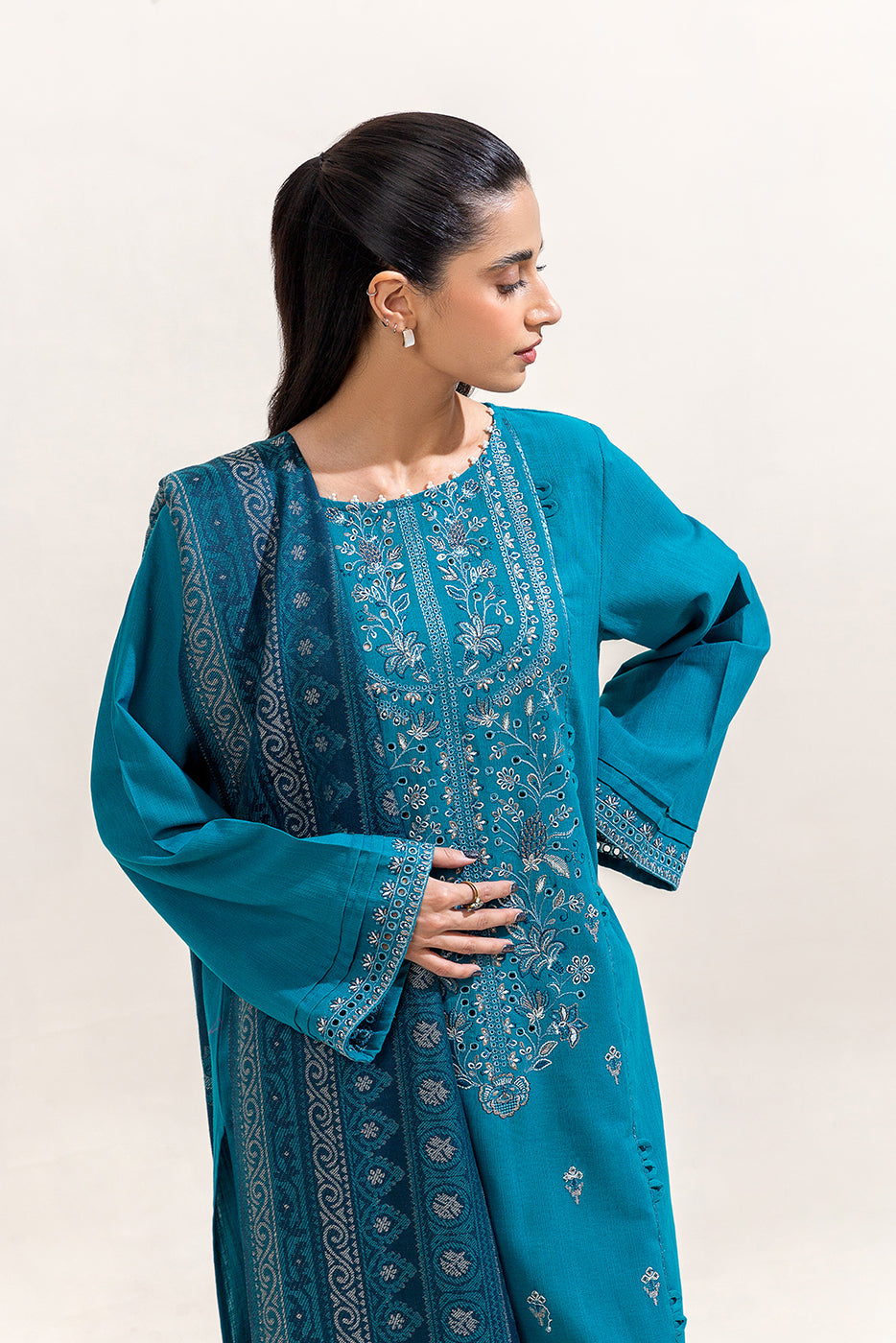 3 Piece Embroidered Khaddar Suit-Cerulean Charm (Unstitched)
