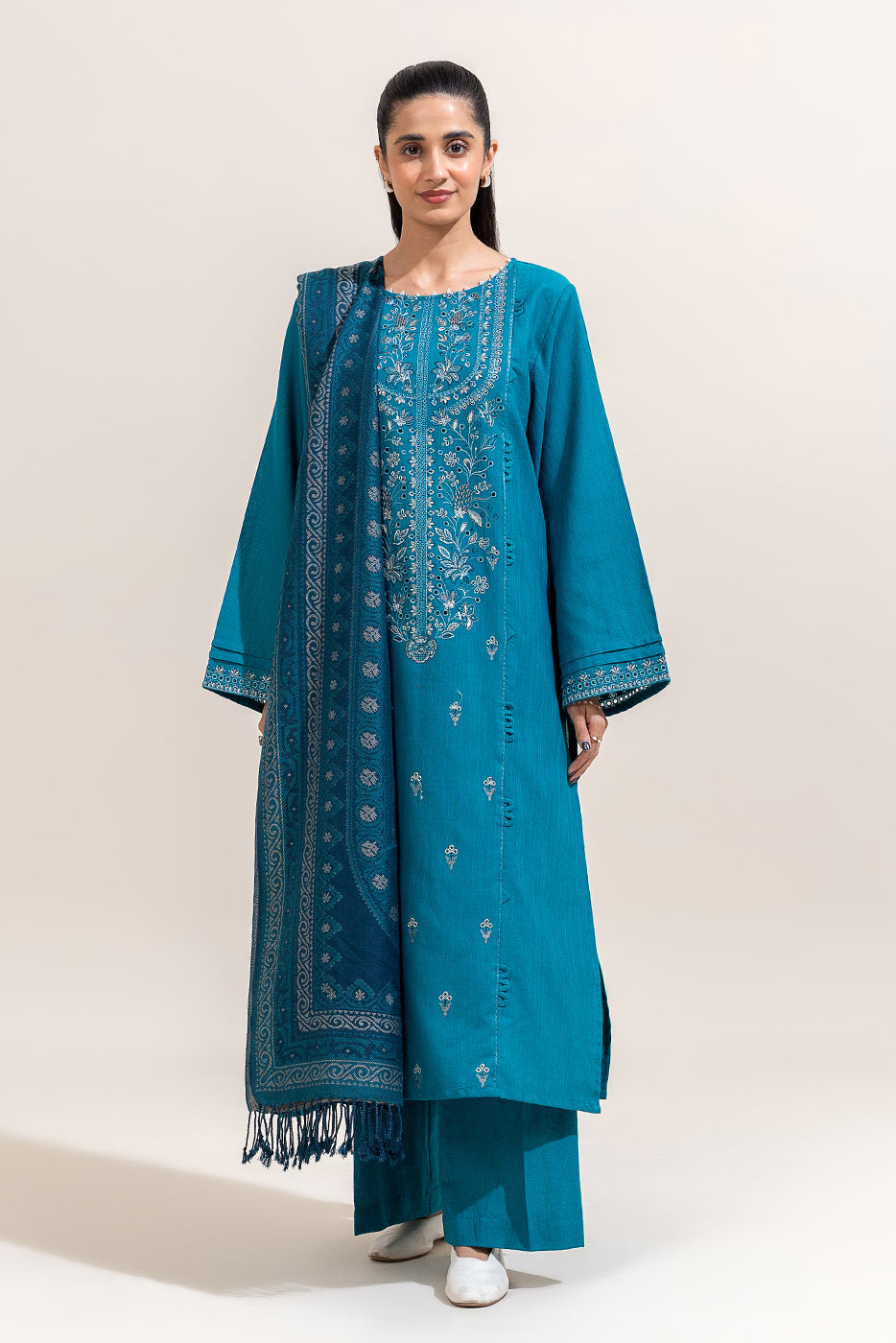 3 Piece Embroidered Khaddar Suit-Cerulean Charm (Unstitched)