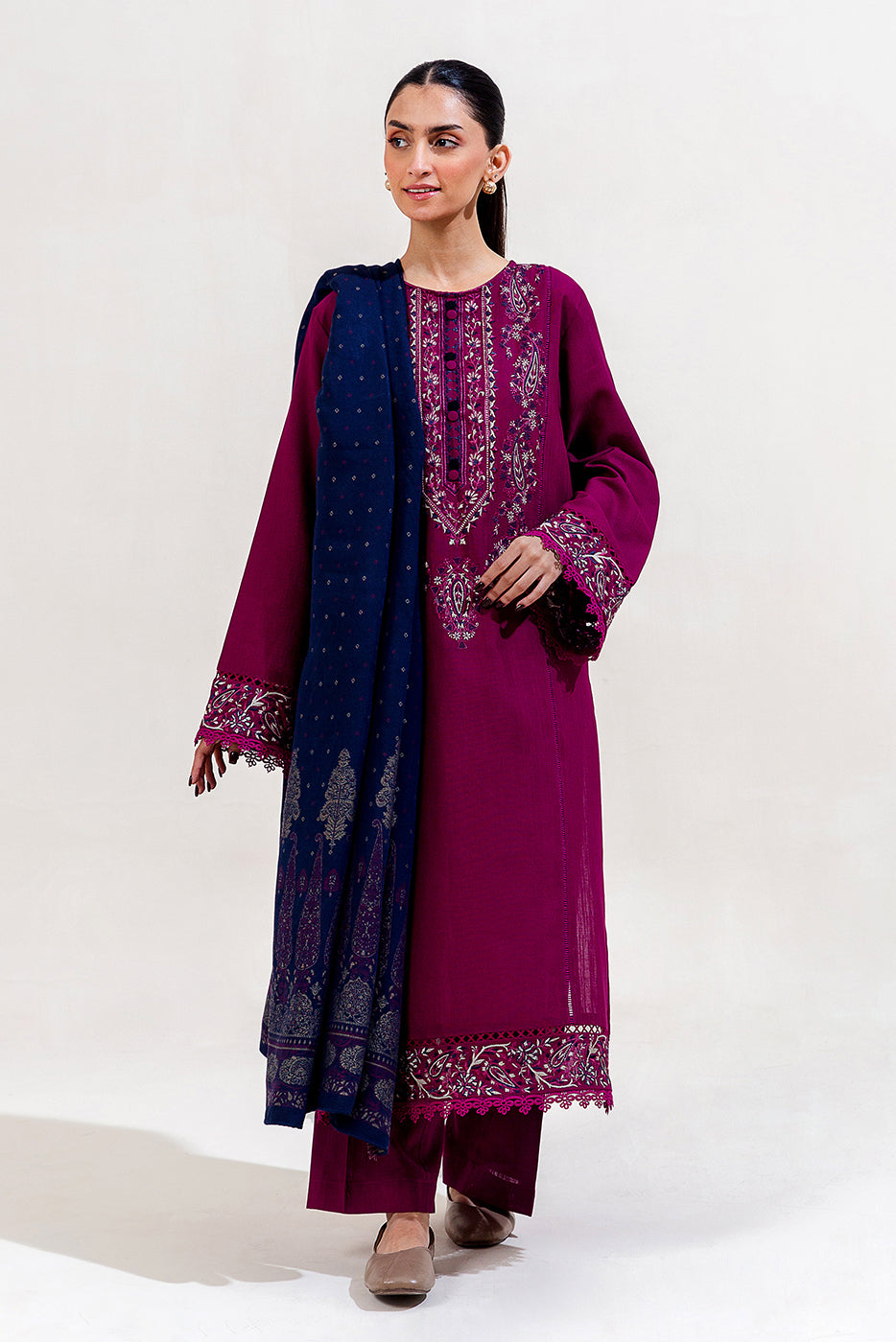 3 Piece Embroidered Khaddar Suit-Mulberry Orchid (Unstitched)