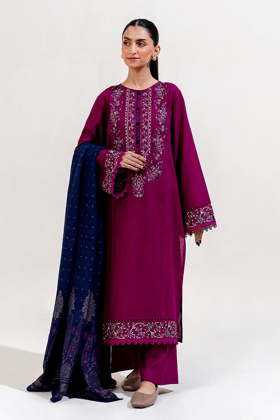 3 Piece Embroidered Khaddar Suit-Mulberry Orchid (Unstitched)