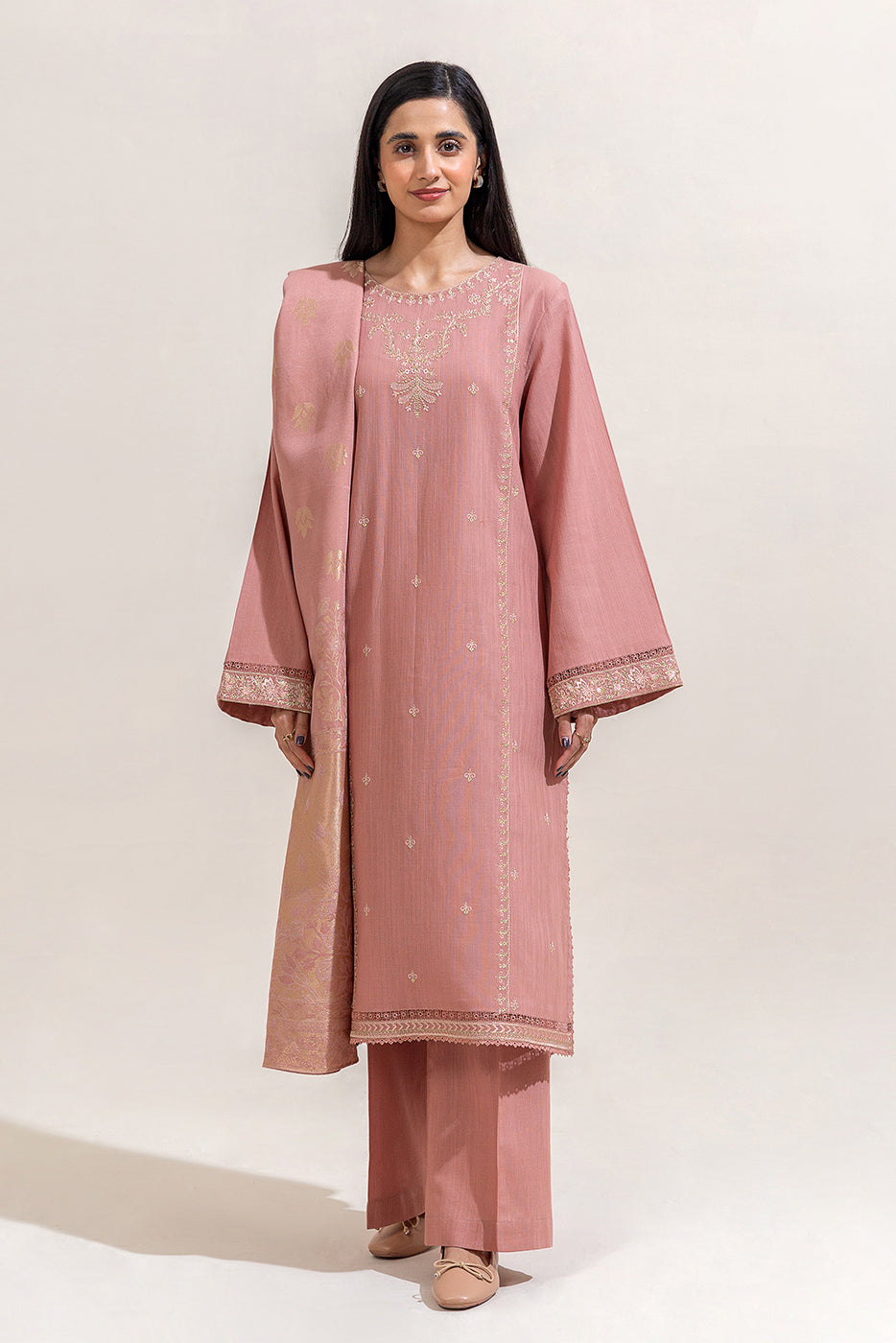 3 Piece Embroidered Khaddar Suit-Rose Pink (Unstitched)