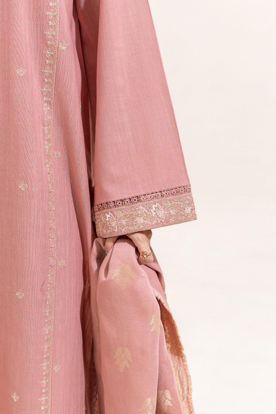 3 Piece Embroidered Khaddar Suit-Rose Pink (Unstitched)