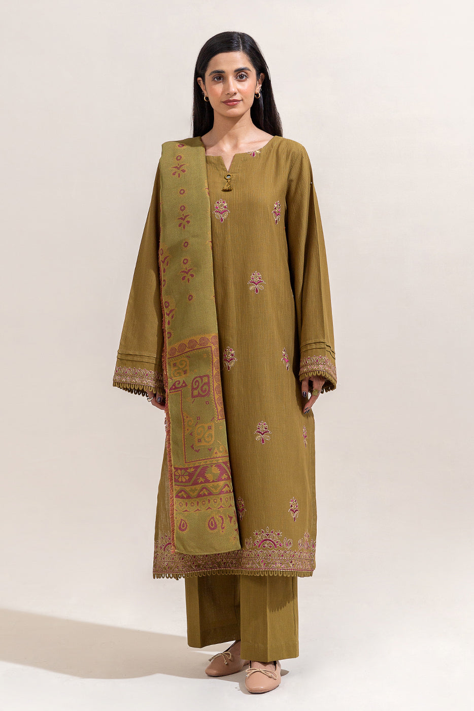 3 Piece Embroidered Khaddar Suit-Moss Fern (Unstitched)