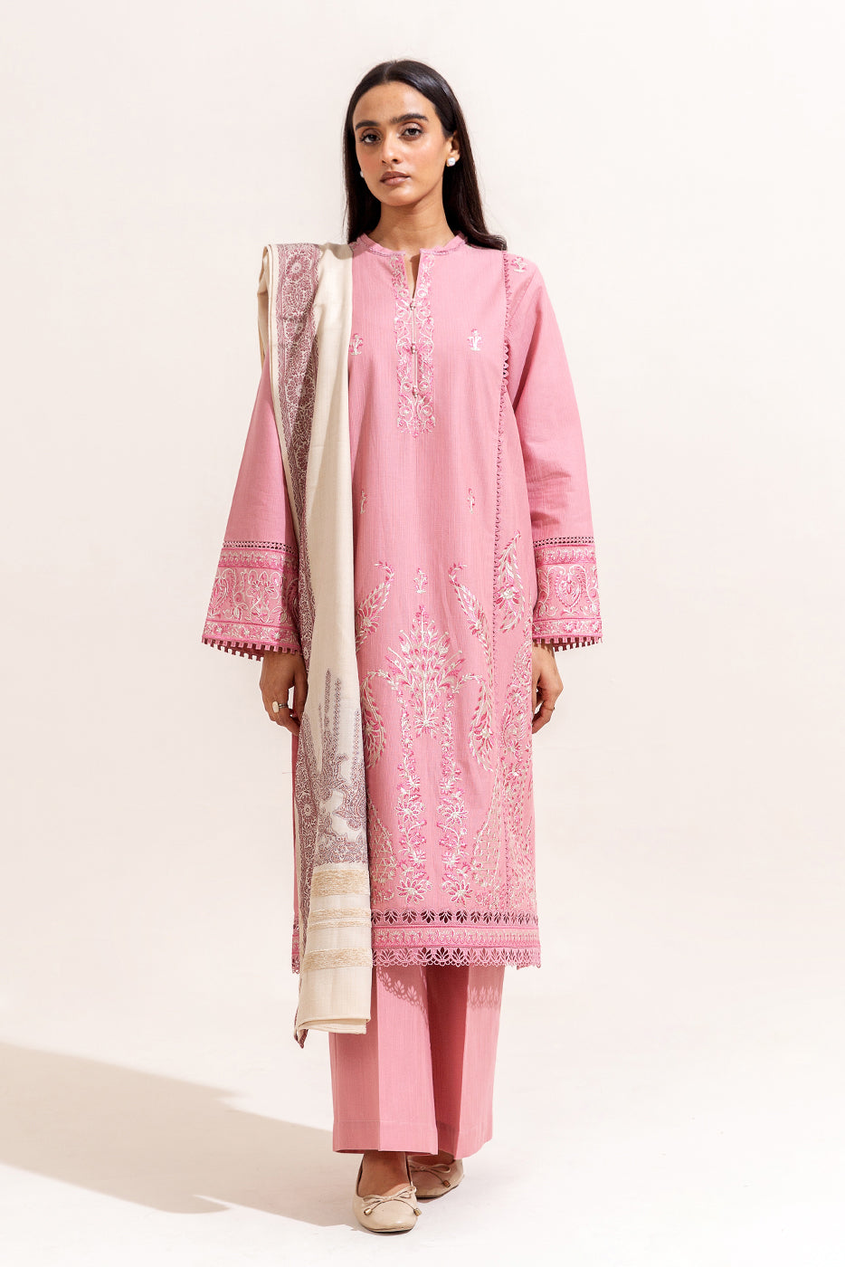3 Piece Embroidered Khaddar Suit-Imperial Pink (Unstitched)