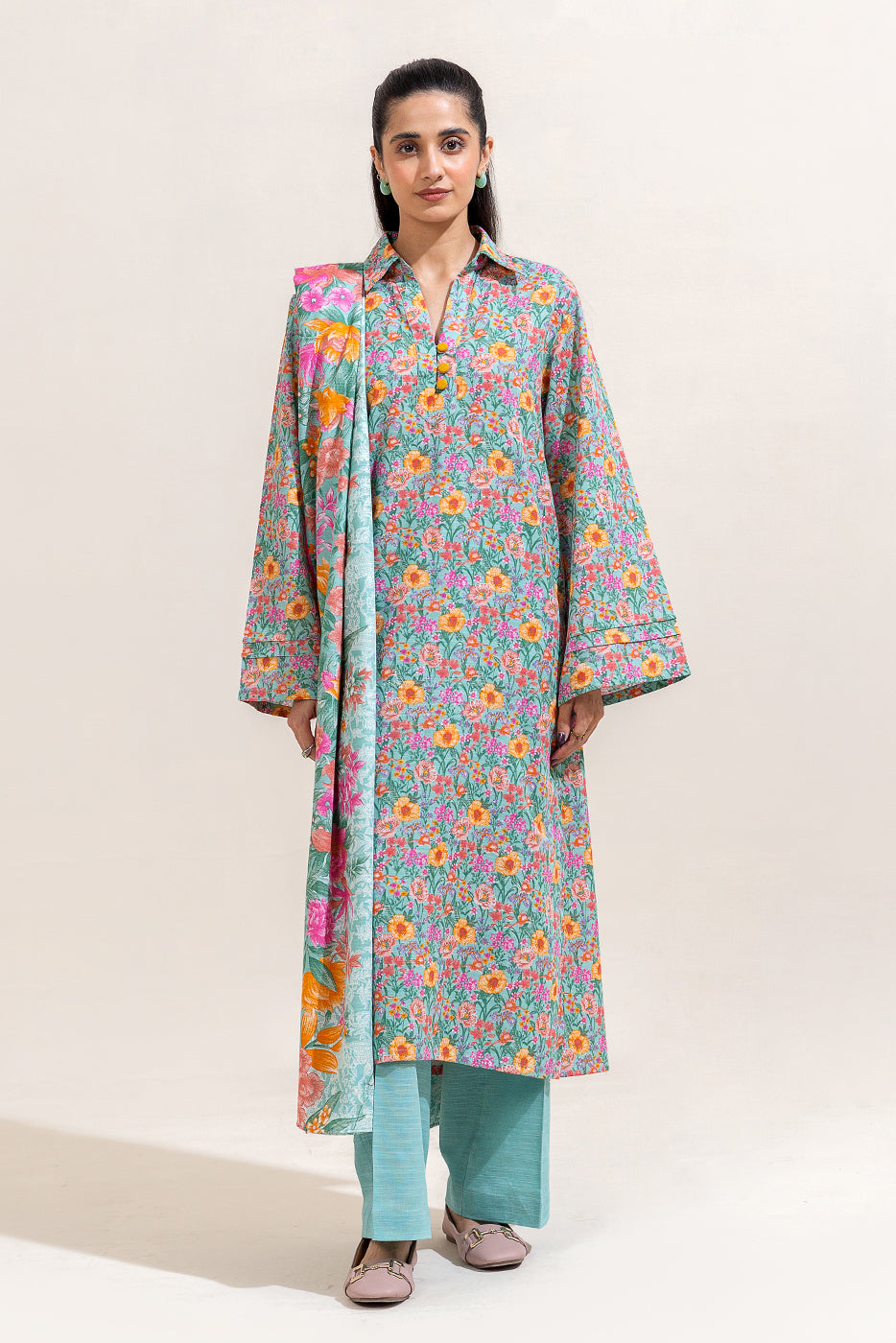 2 Piece Printed Khaddar Suit-Aqua Bloom (Unstitched)