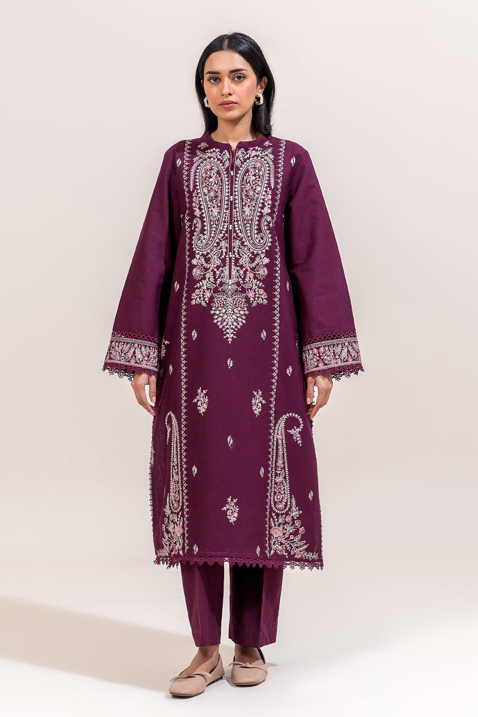 2 Piece Embroidered Khaddar Suit-Raisin Bliss (Unstitched)