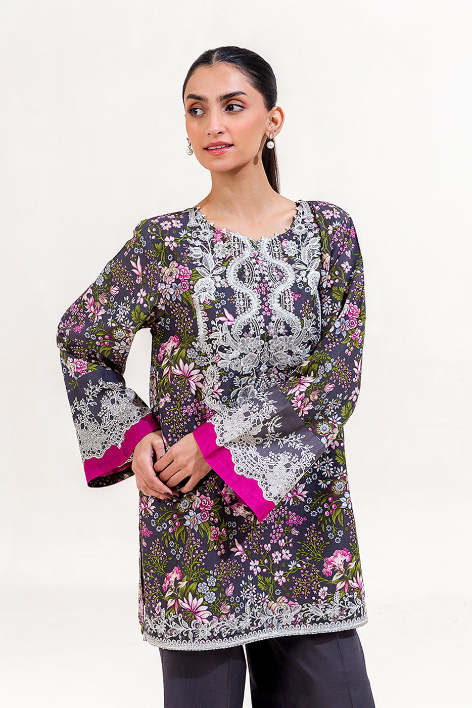 2 Piece Embroidered Cambric Suit-Ebony Bloom (Unstitched)